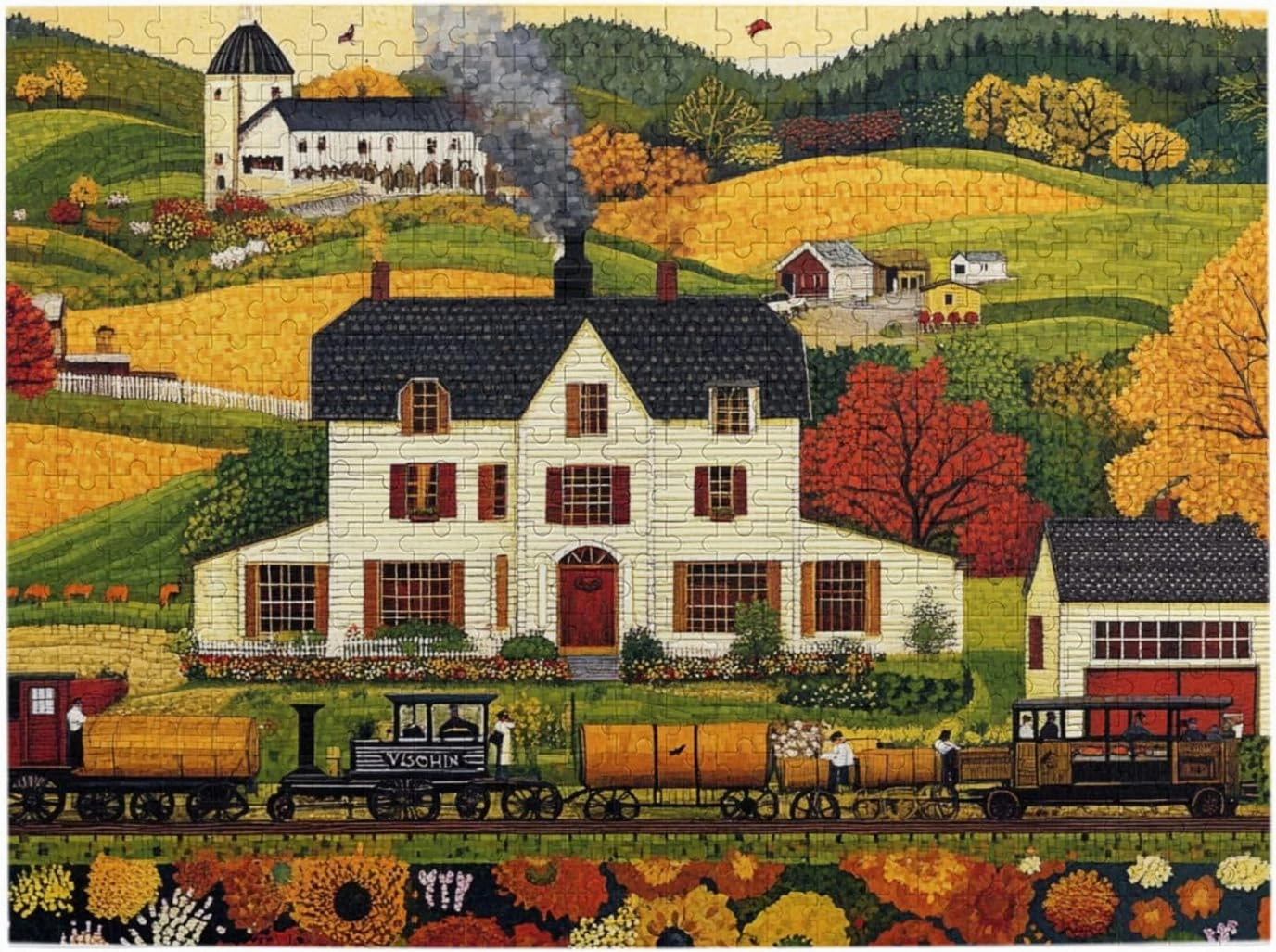 500 Piece Adult Wooden Jigsaw Puzzle - Fields, Houses and Trains,Classic Countryside Charm,Unique Adults Artworks,Exercise Brain Power,Ideal for Hands-on abilit，Gifts for Family