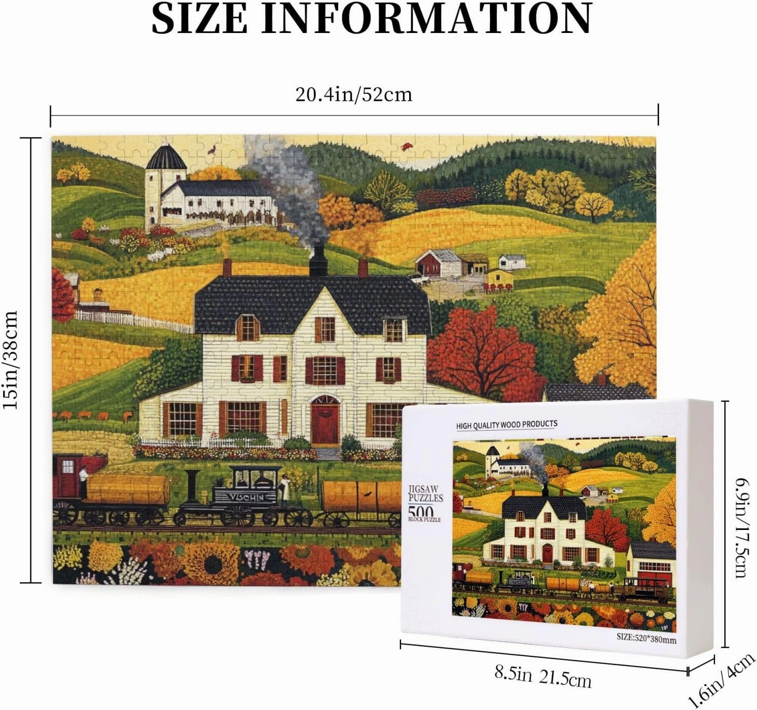 500 Piece Adult Wooden Jigsaw Puzzle - Fields, Houses and Trains,Classic Countryside Charm,Unique Adults Artworks,Exercise Brain Power,Ideal for Hands-on abilit，Gifts for Family