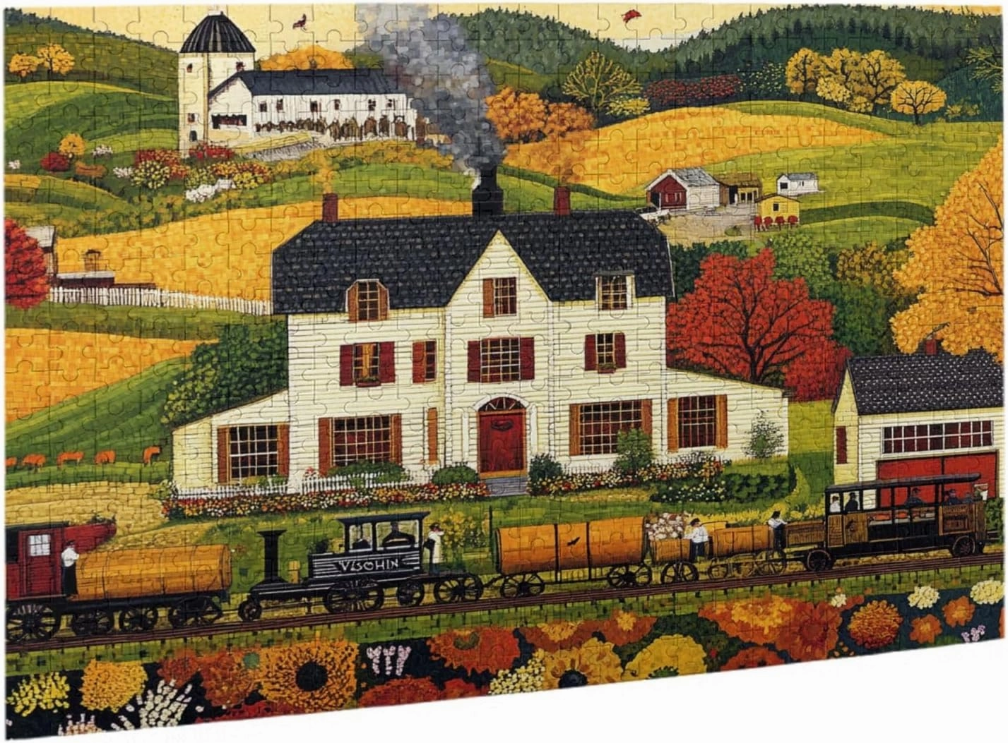 500 Piece Adult Wooden Jigsaw Puzzle - Fields, Houses and Trains,Classic Countryside Charm,Unique Adults Artworks,Exercise Brain Power,Ideal for Hands-on abilit，Gifts for Family