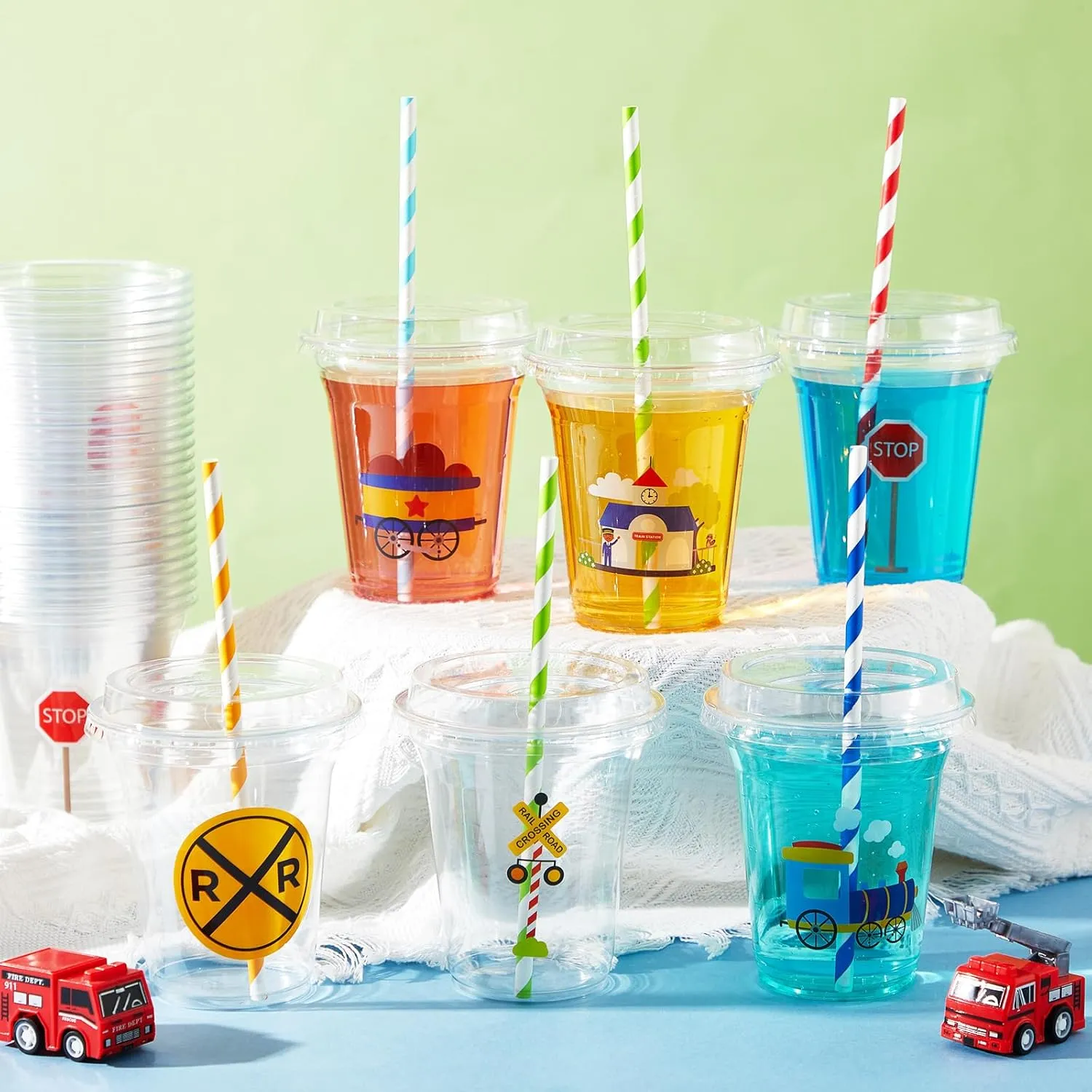 60 Set Plastic Cups Chugga Chugga Two Two Party Themed 14 oz Disposable Clear Cups with Lids and Paper Straws for Train Themed Party Favor Supplies Decorations