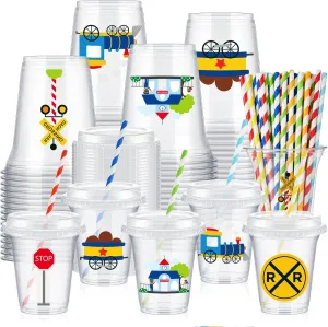 60 Set Plastic Cups Chugga Chugga Two Two Party Themed 14 oz Disposable Clear Cups with Lids and Paper Straws for Train Themed Party Favor Supplies Decorations