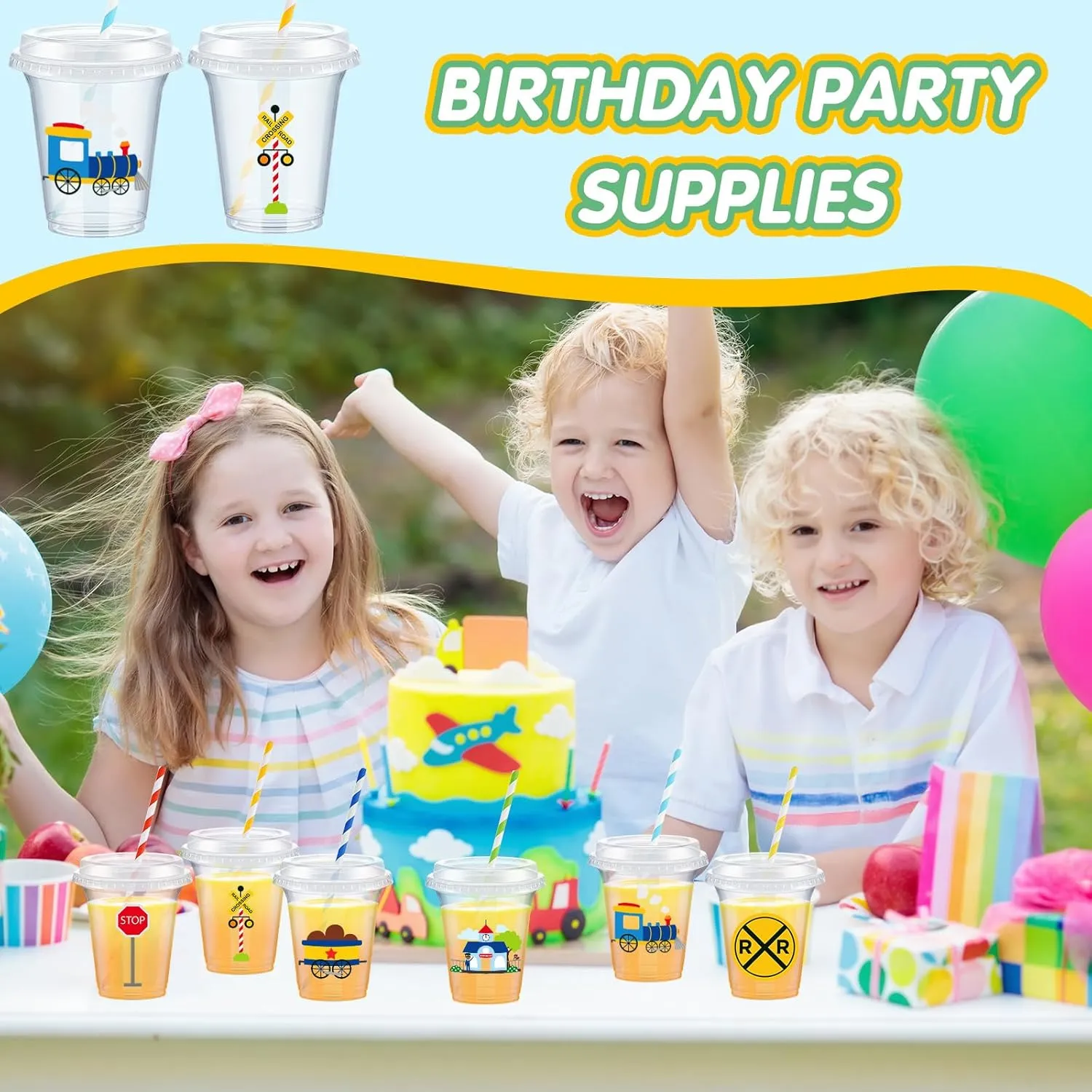 60 Set Plastic Cups Chugga Chugga Two Two Party Themed 14 oz Disposable Clear Cups with Lids and Paper Straws for Train Themed Party Favor Supplies Decorations