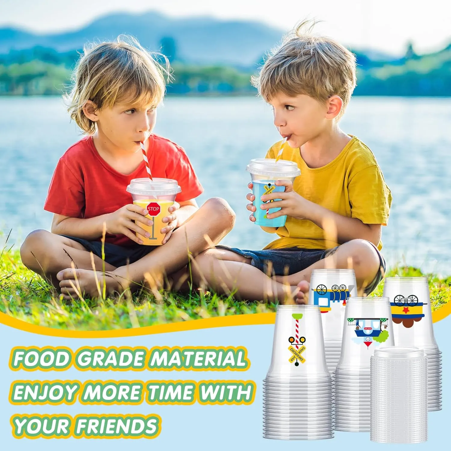 60 Set Plastic Cups Chugga Chugga Two Two Party Themed 14 oz Disposable Clear Cups with Lids and Paper Straws for Train Themed Party Favor Supplies Decorations