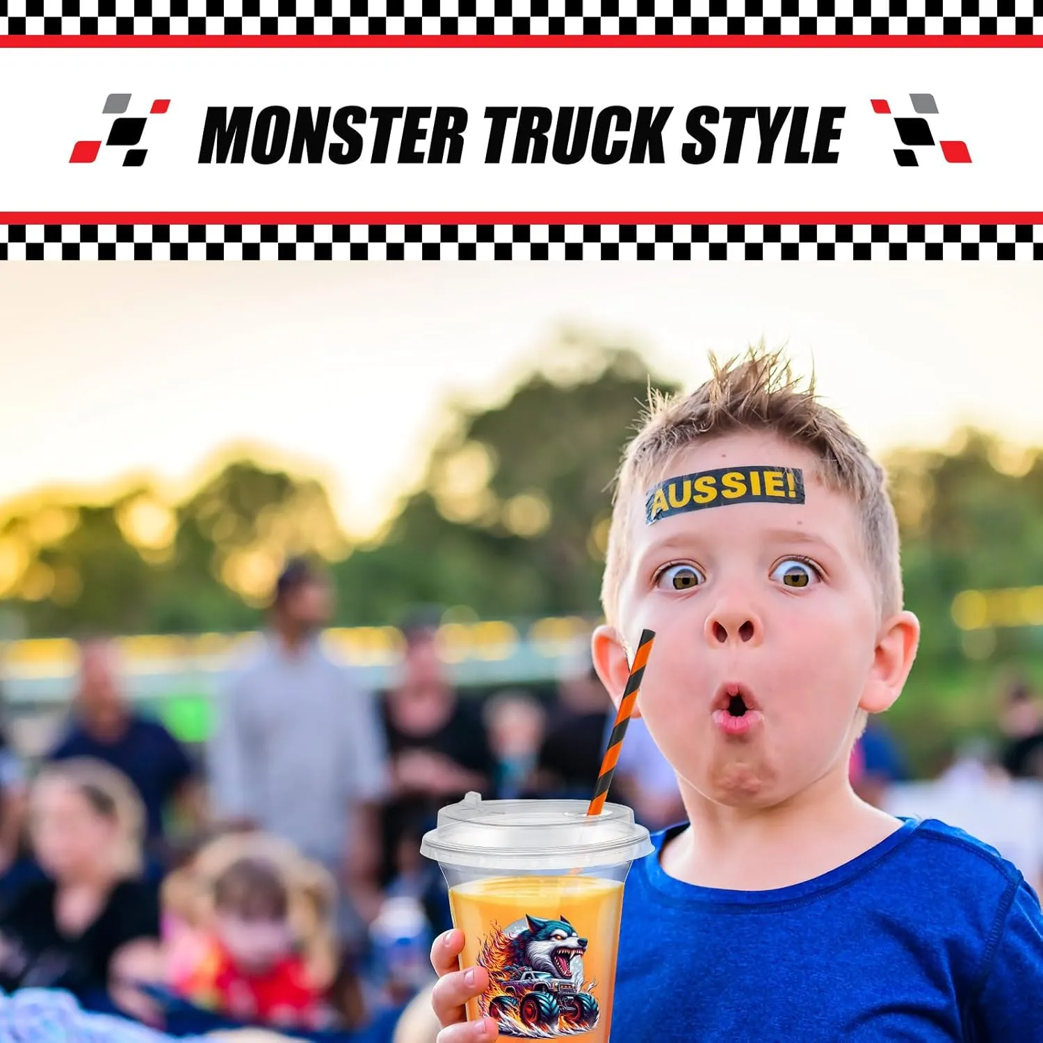 60 Set Plastic Cups Monster Truck Themed 14 oz Disposable Clear Cups with Lids and Paper Straws for Monster Truck Party Favor Supplies Decorations