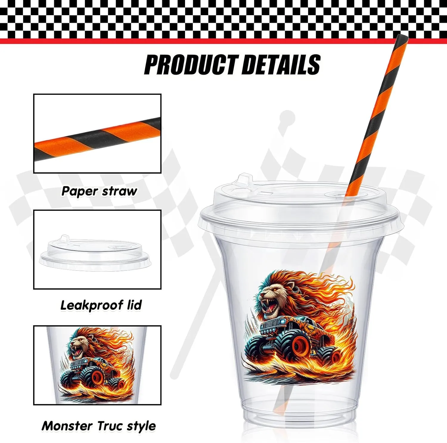 60 Set Plastic Cups Monster Truck Themed 14 oz Disposable Clear Cups with Lids and Paper Straws for Monster Truck Party Favor Supplies Decorations
