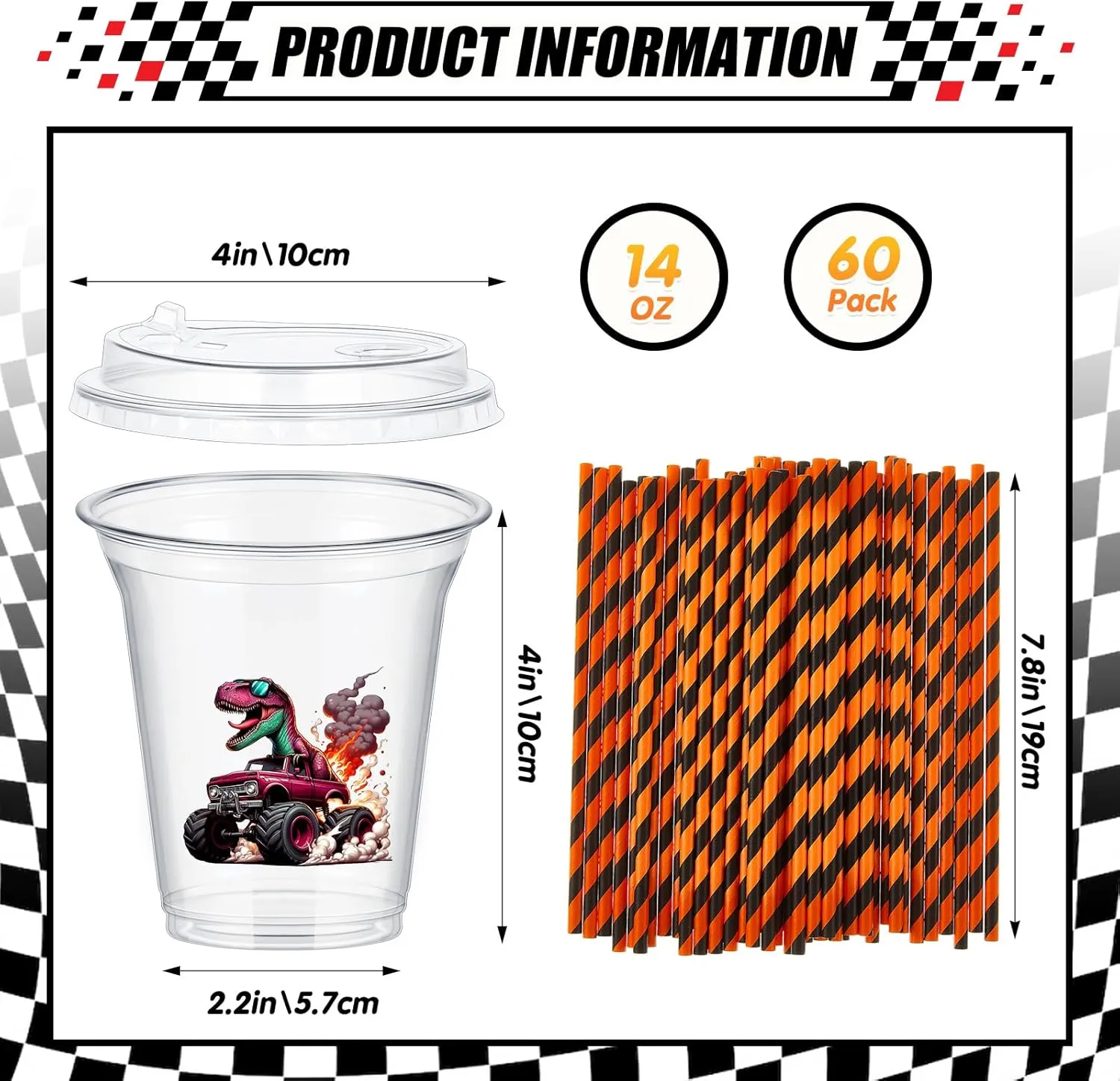 60 Set Plastic Cups Monster Truck Themed 14 oz Disposable Clear Cups with Lids and Paper Straws for Monster Truck Party Favor Supplies Decorations