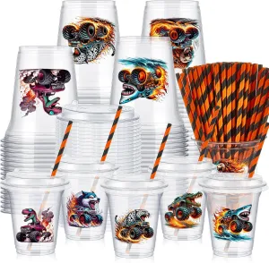 60 Set Plastic Cups Monster Truck Themed 14 oz Disposable Clear Cups with Lids and Paper Straws for Monster Truck Party Favor Supplies Decorations