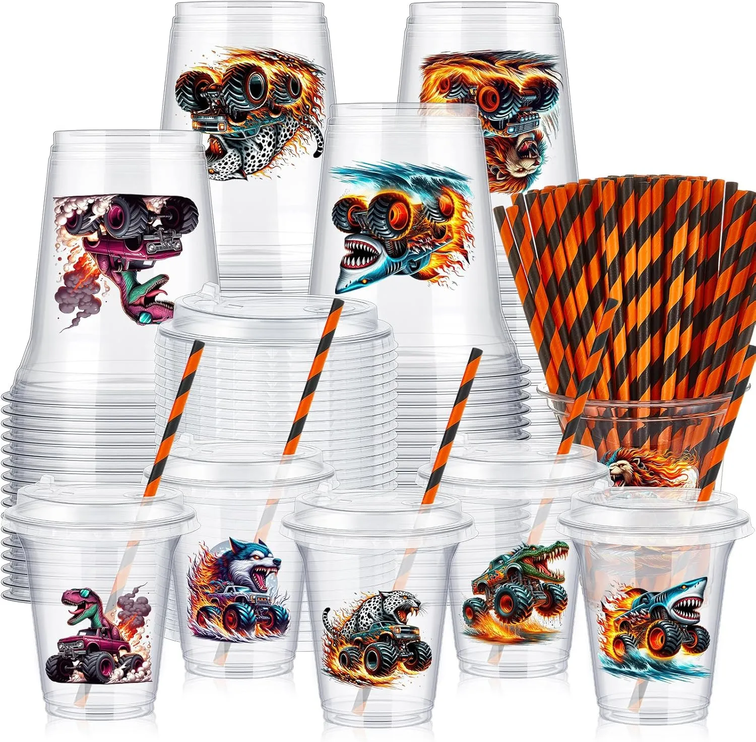 60 Set Plastic Cups Monster Truck Themed 14 oz Disposable Clear Cups with Lids and Paper Straws for Monster Truck Party Favor Supplies Decorations