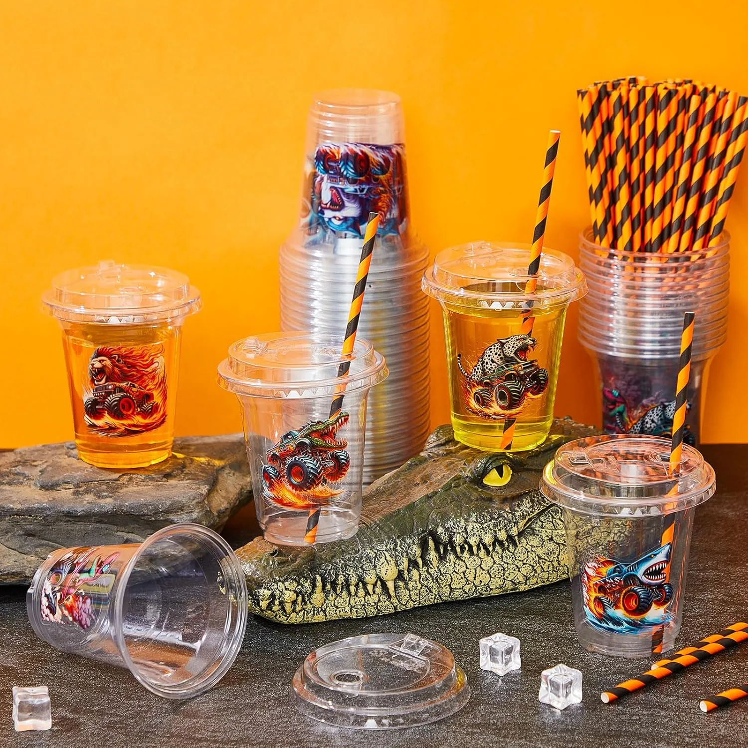 60 Set Plastic Cups Monster Truck Themed 14 oz Disposable Clear Cups with Lids and Paper Straws for Monster Truck Party Favor Supplies Decorations