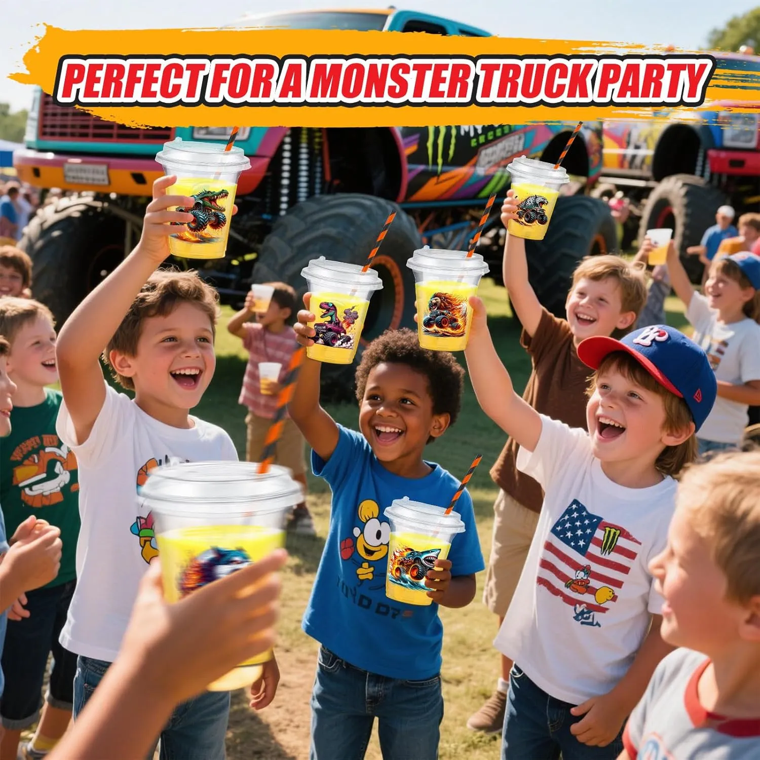 60 Set Plastic Cups Monster Truck Themed 14 oz Disposable Clear Cups with Lids and Paper Straws for Monster Truck Party Favor Supplies Decorations