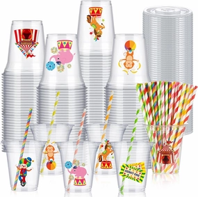 60 Set Plastic Cups Circus Carnival Themed 14 oz Disposable Clear Cups with Lids and Paper Straws for Circus Carnival Themed Party Favor Supplies Decorations