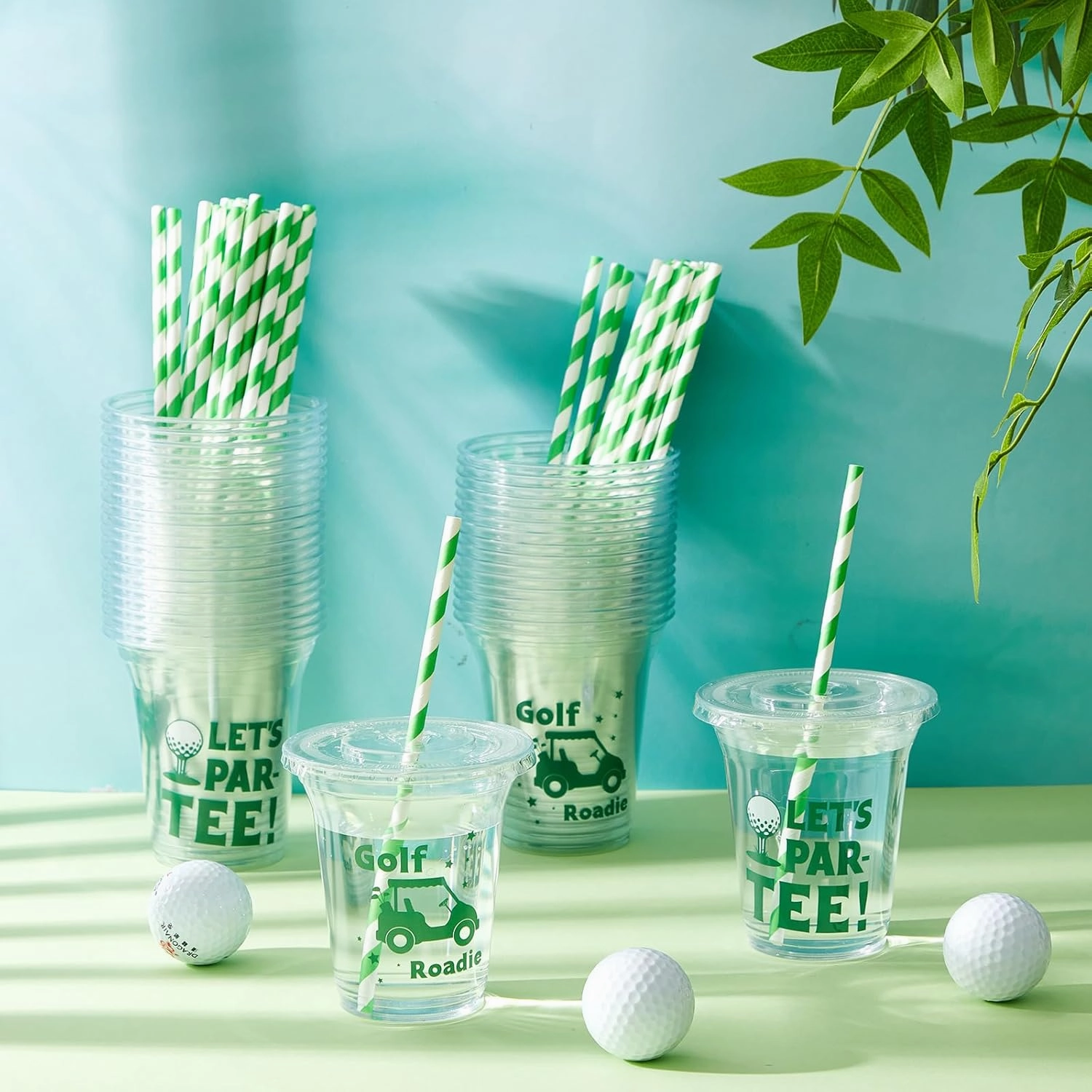 60 Set Plastic Cups Golf Themed 14 oz Disposable Clear Cups with Lids and Paper Straws for Golf Themed Party Favor Supplies Decorations