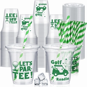 60 Set Plastic Cups Golf Themed 14 oz Disposable Clear Cups with Lids and Paper Straws for Golf Themed Party Favor Supplies Decorations