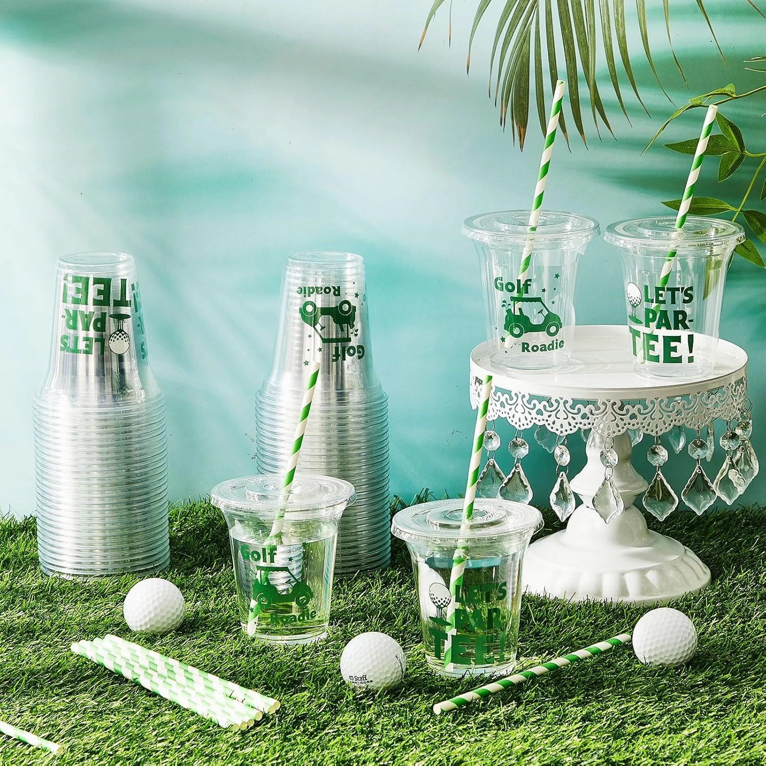 60 Set Plastic Cups Golf Themed 14 oz Disposable Clear Cups with Lids and Paper Straws for Golf Themed Party Favor Supplies Decorations
