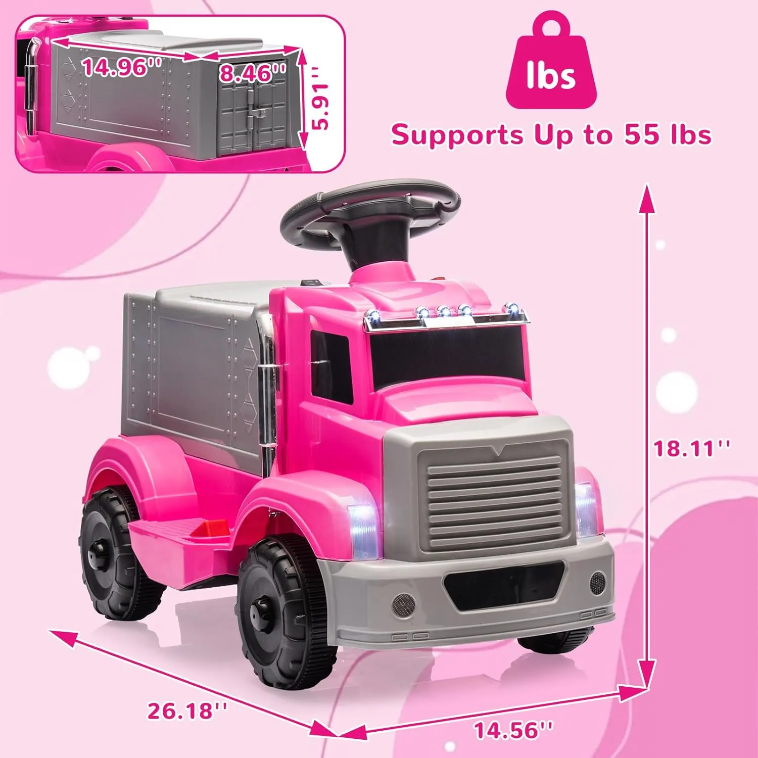 6V Ride On Toy Car for Toddlers, Electric Car for Kids w/ 2 Headlights, 5 Led Lights, Large Storage Area, Music, Kids Car to Drive Includes 6V Rechargeable Battery & Charger, Pink