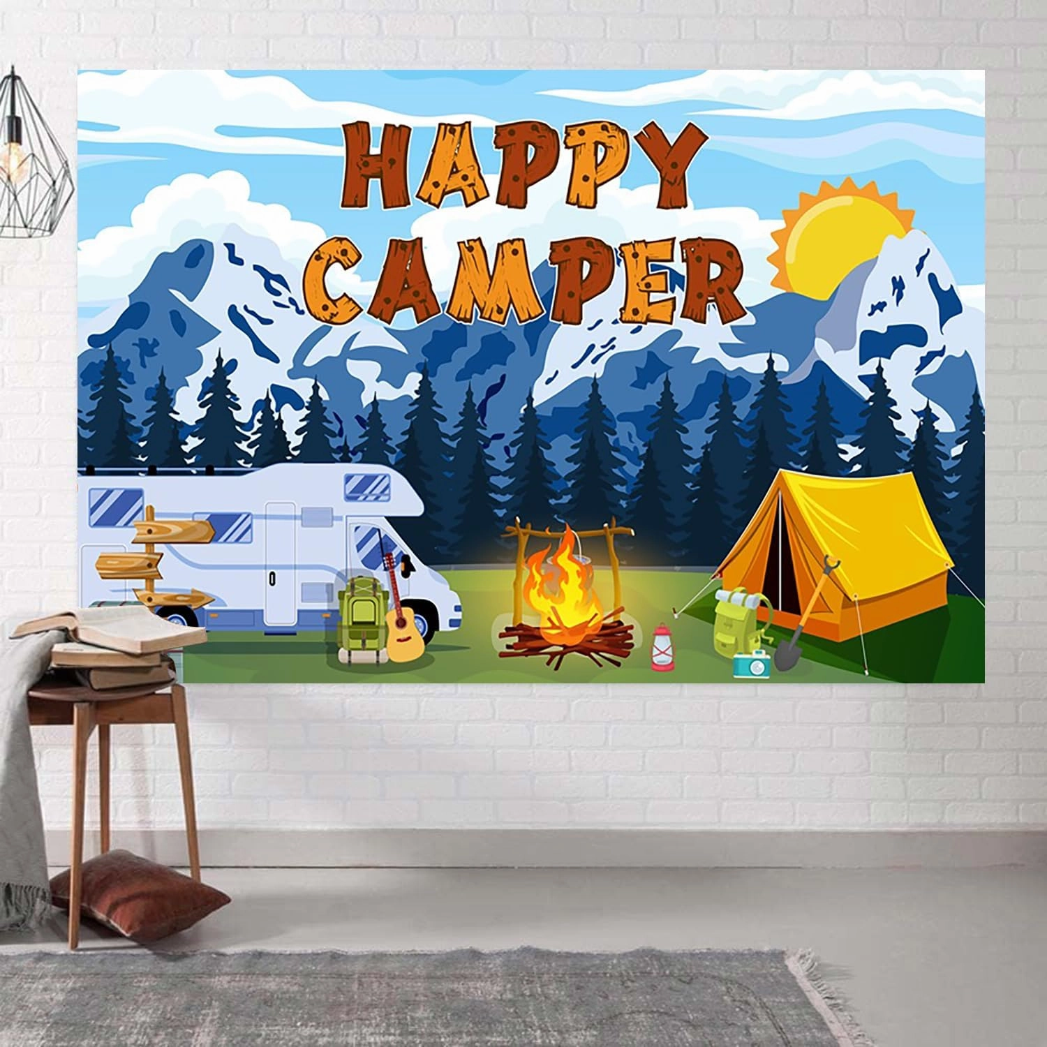 7x5ft Happy Camper Backdrop Camping Themed Party Decorations Outdoor Forest Campfire Scene Photography Background Camping Birthday Party Banner Supplies Photo Studio Props
