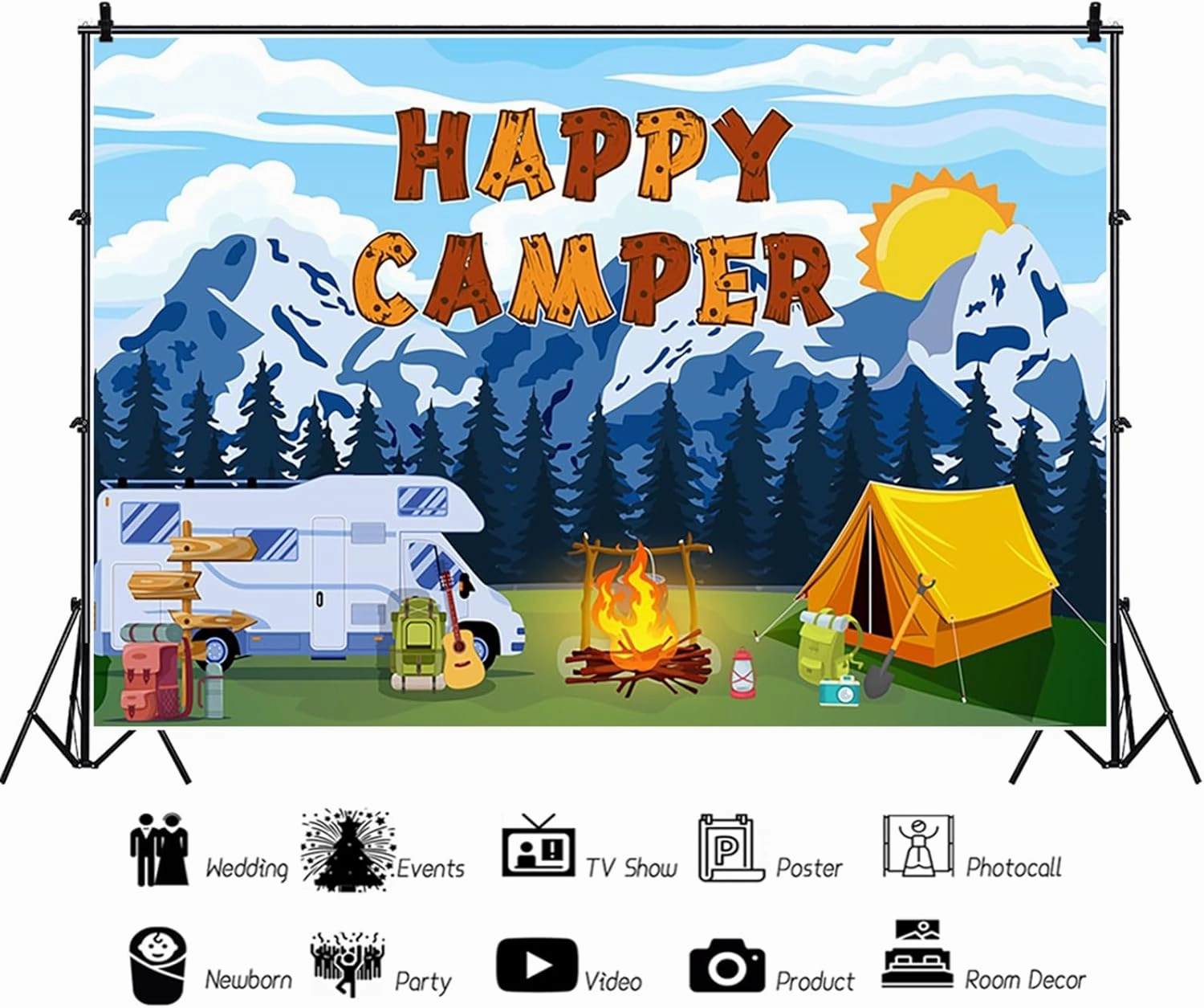 7x5ft Happy Camper Backdrop Camping Themed Party Decorations Outdoor Forest Campfire Scene Photography Background Camping Birthday Party Banner Supplies Photo Studio Props