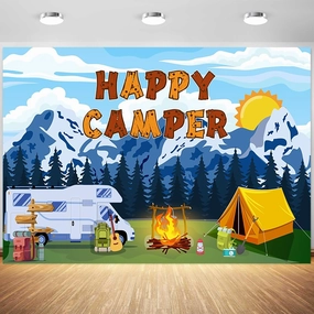 7x5ft Happy Camper Backdrop Camping Themed Party Decorations Outdoor Forest Campfire Scene Photography Background Camping Birthday Party Banner Supplies Photo Studio Props