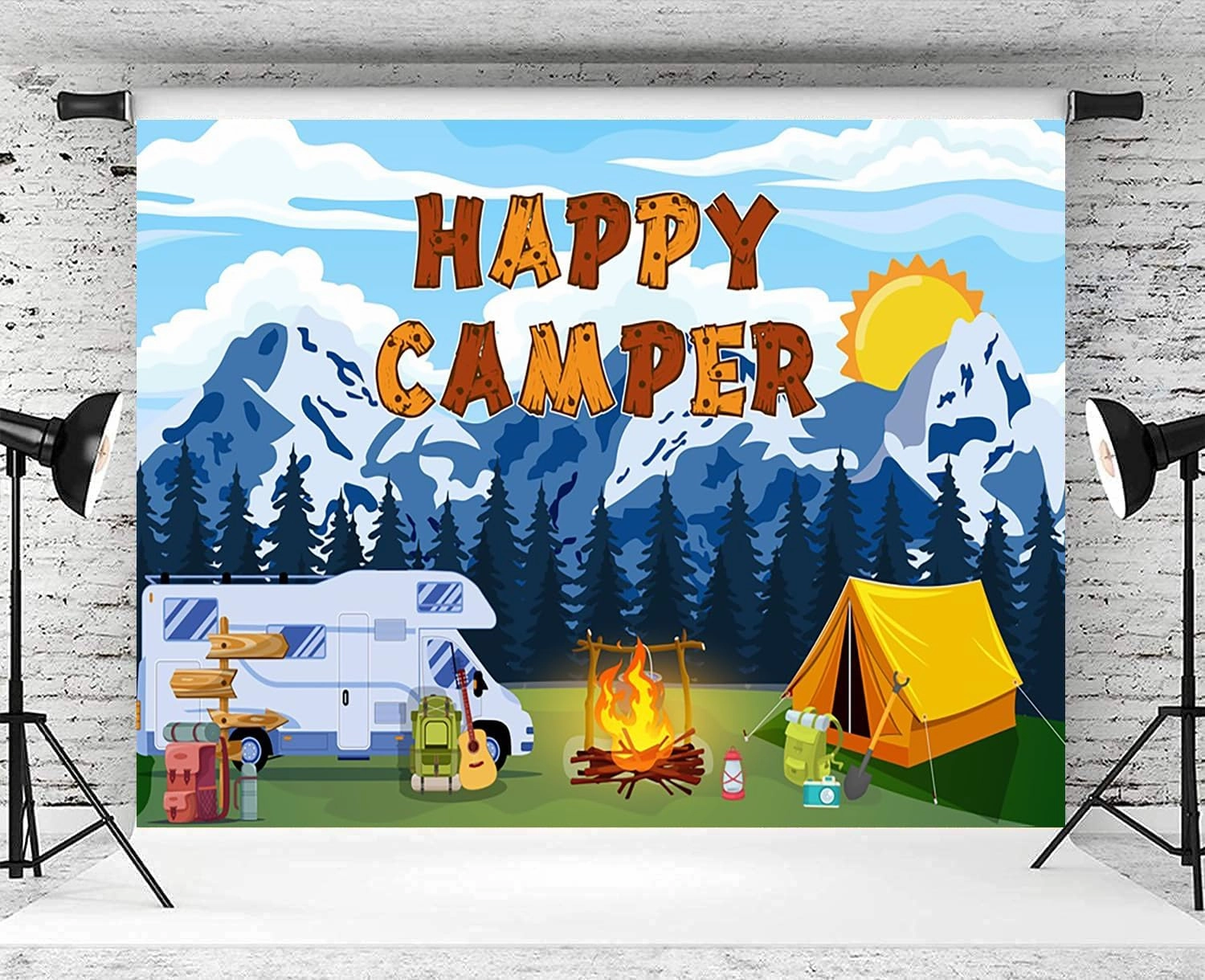 7x5ft Happy Camper Backdrop Camping Themed Party Decorations Outdoor Forest Campfire Scene Photography Background Camping Birthday Party Banner Supplies Photo Studio Props