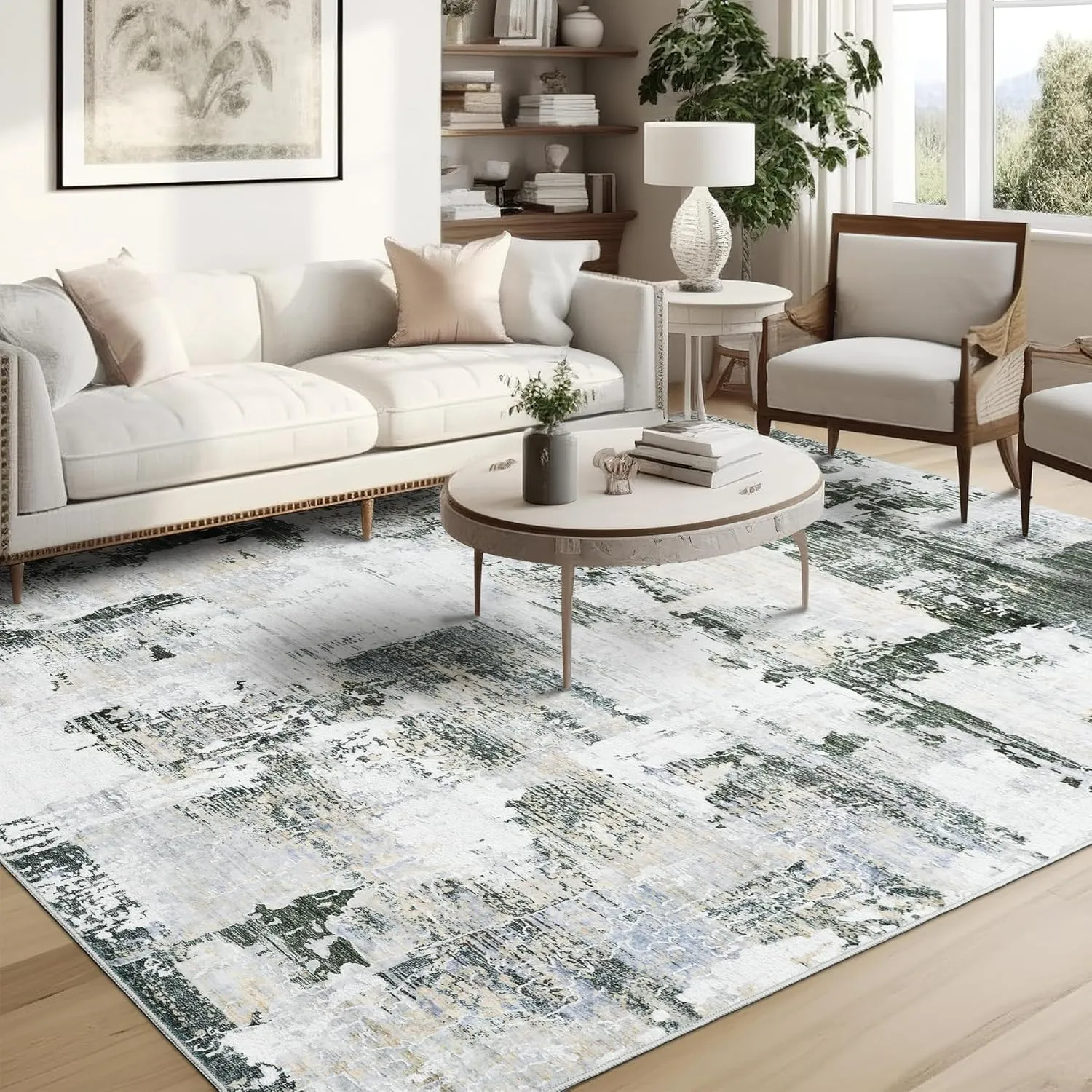 8x10 Area Rugs, Area Rug with Non-Slip Backing, Modern Abstract Machine Washable Rugs, Foldable Low Pile Rug for Living Room (Dark Green/Yellow, 8'x10')