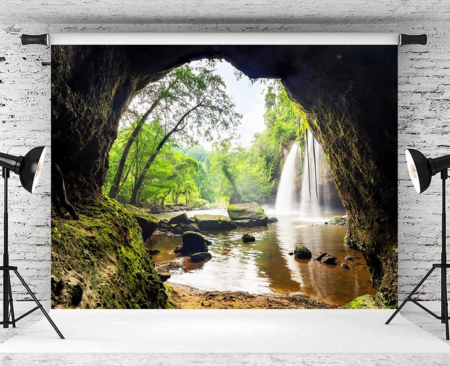 8x6ft Forest Waterfall Backdrop Mountain Cave Waterfalls Green Trees Nature Scene Photography Background Outdoor Travel Adventure Camping Decorations Wallpaper Photo Booth Props