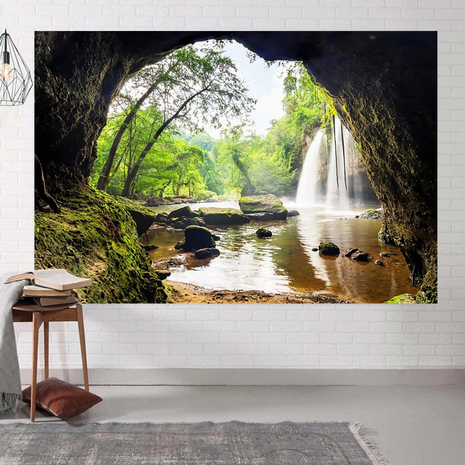 8x6ft Forest Waterfall Backdrop Mountain Cave Waterfalls Green Trees Nature Scene Photography Background Outdoor Travel Adventure Camping Decorations Wallpaper Photo Booth Props