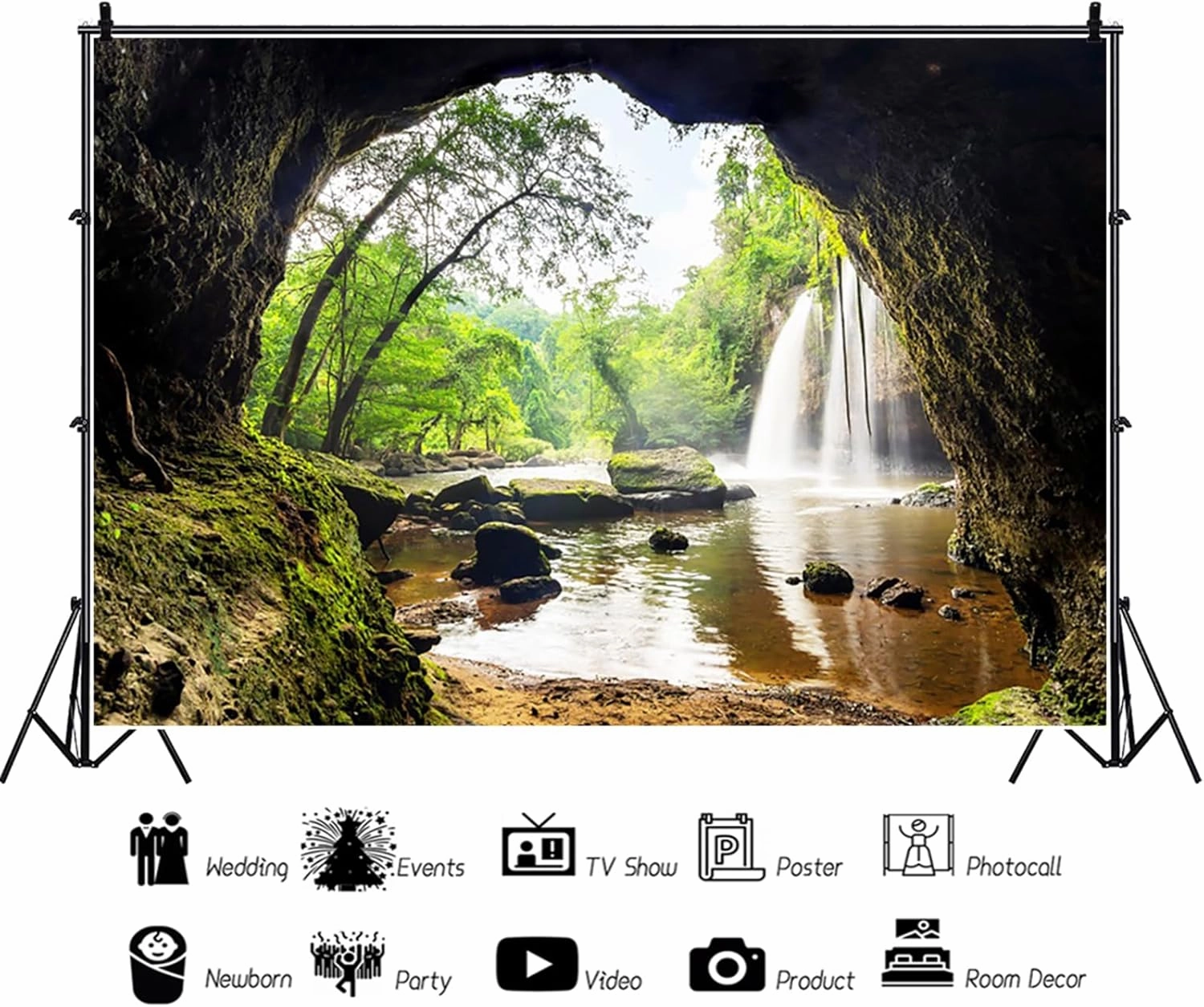 8x6ft Forest Waterfall Backdrop Mountain Cave Waterfalls Green Trees Nature Scene Photography Background Outdoor Travel Adventure Camping Decorations Wallpaper Photo Booth Props