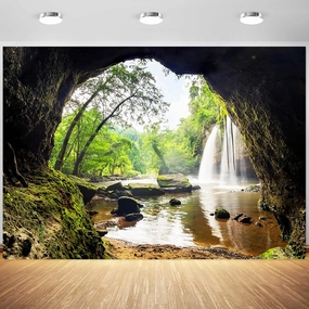 8x6ft Forest Waterfall Backdrop Mountain Cave Waterfalls Green Trees Nature Scene Photography Background Outdoor Travel Adventure Camping Decorations Wallpaper Photo Booth Props