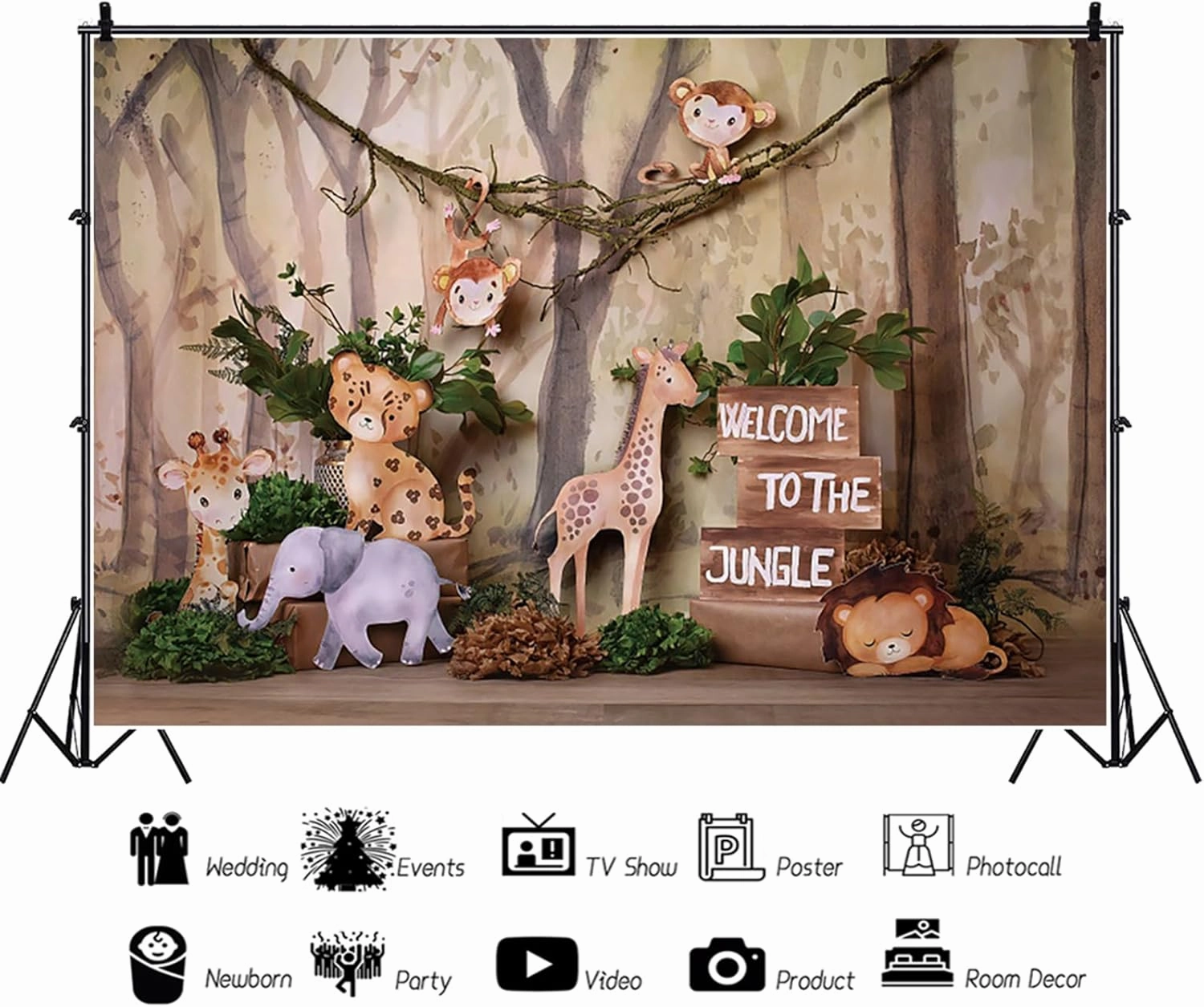 8x6ft Safari Backdrop Welcome to The Jungle Animals Wooden Photography Background Kids Birthday Baby Shower Party Banner Decorations Supplies Photo Booth Props