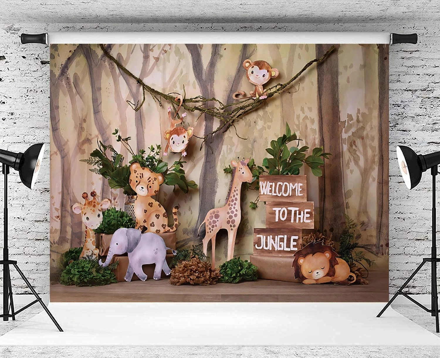8x6ft Safari Backdrop Welcome to The Jungle Animals Wooden Photography Background Kids Birthday Baby Shower Party Banner Decorations Supplies Photo Booth Props