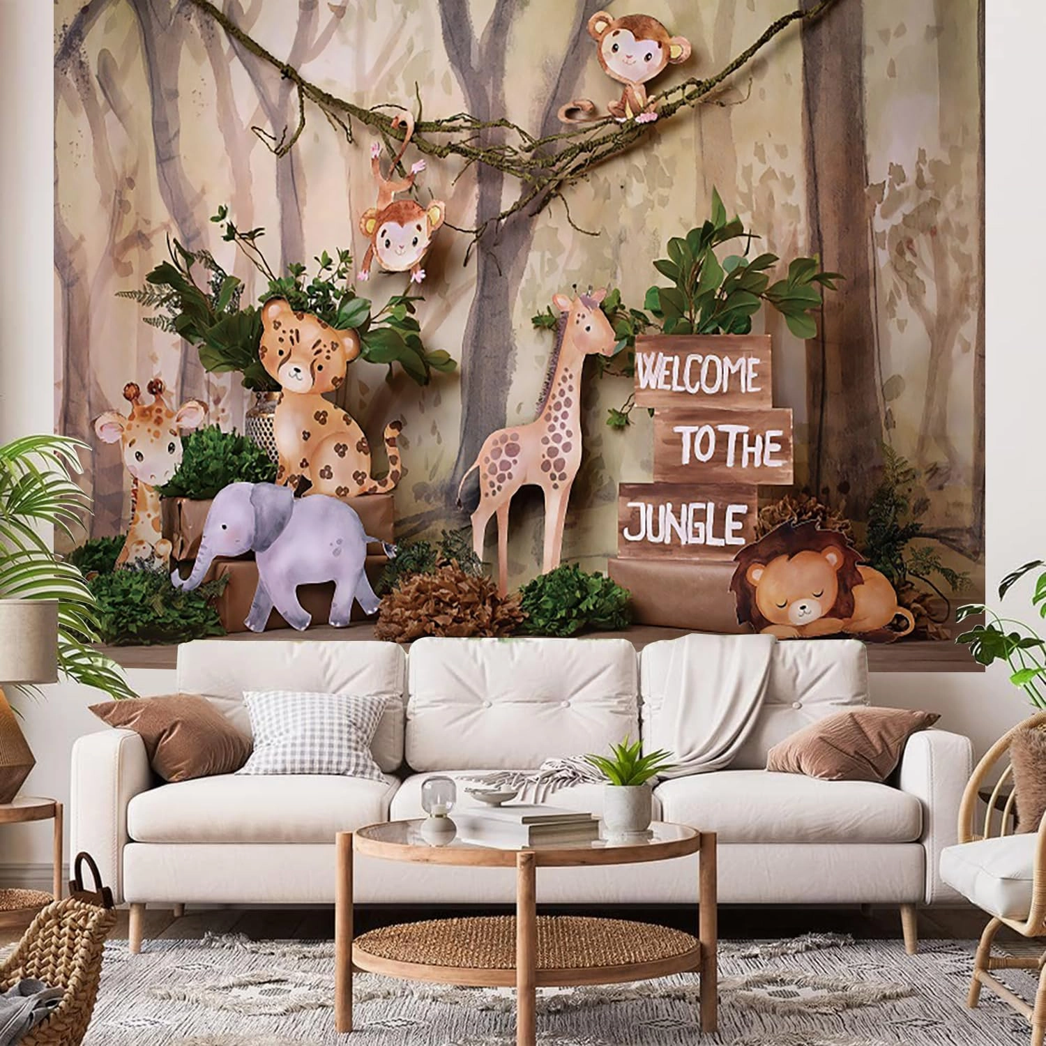 8x6ft Safari Backdrop Welcome to The Jungle Animals Wooden Photography Background Kids Birthday Baby Shower Party Banner Decorations Supplies Photo Booth Props