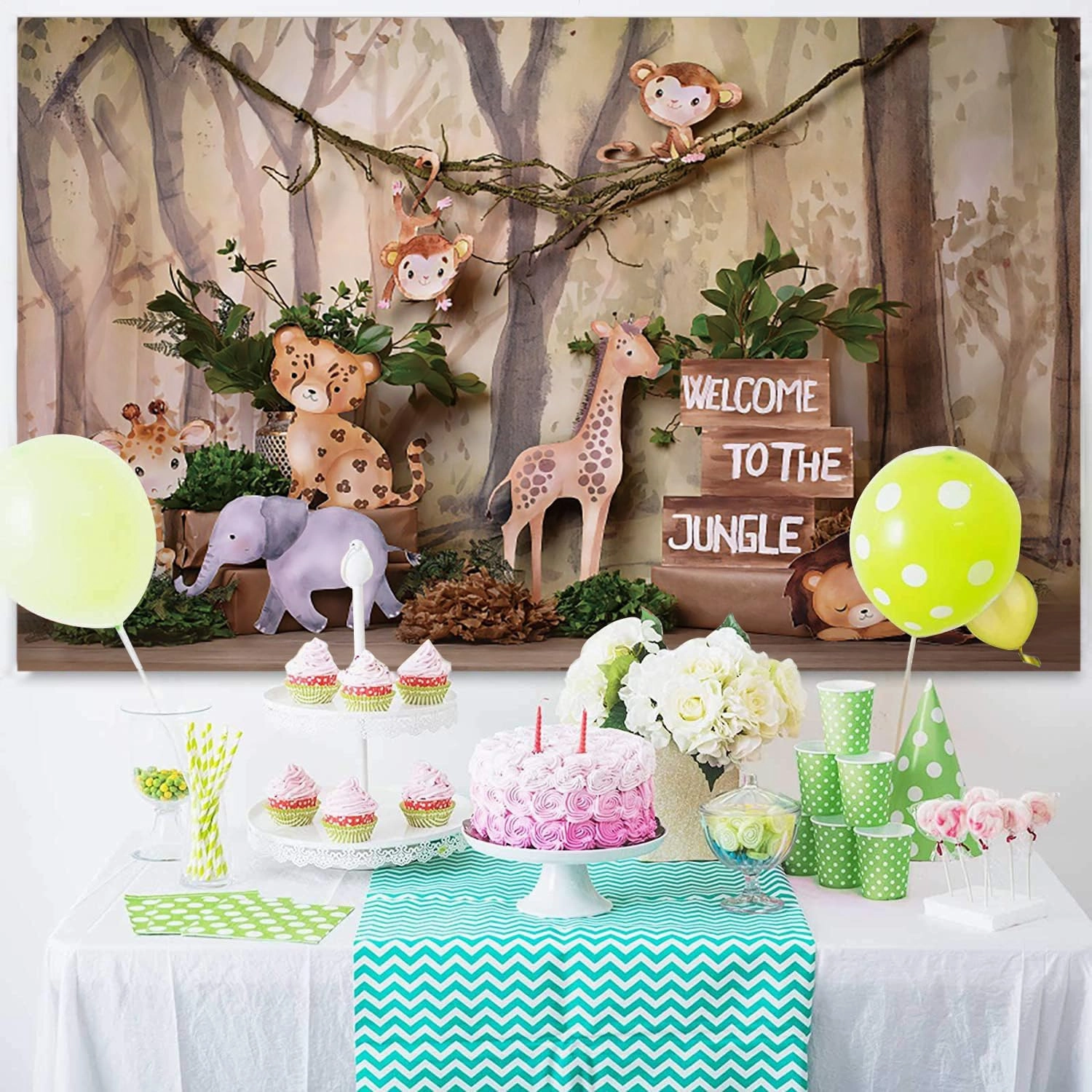 8x6ft Safari Backdrop Welcome to The Jungle Animals Wooden Photography Background Kids Birthday Baby Shower Party Banner Decorations Supplies Photo Booth Props