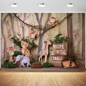 8x6ft Safari Backdrop Welcome to The Jungle Animals Wooden Photography Background Kids Birthday Baby Shower Party Banner Decorations Supplies Photo Booth Props