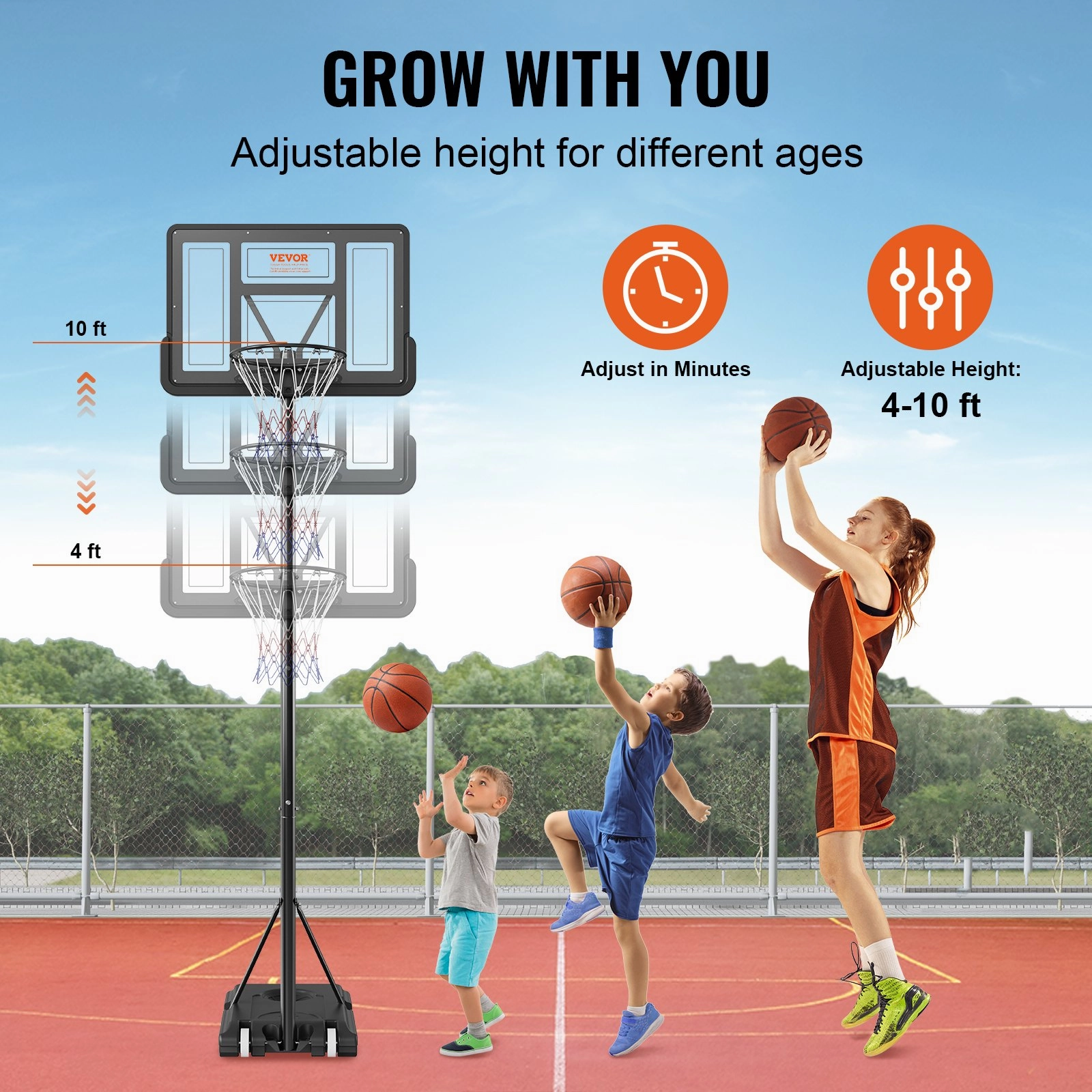 (FINAL PRICES ARE LOWER ON OUR SITE!) VEVOR Basketball Hoop, 4-10 ft Adjustable Height Portable Backboard System, 44 inch Basketball Hoop & Goal, Kids & Adults Basketball Set with Wheels, Stand, and Fillable Base, for Outdoor/Indoor