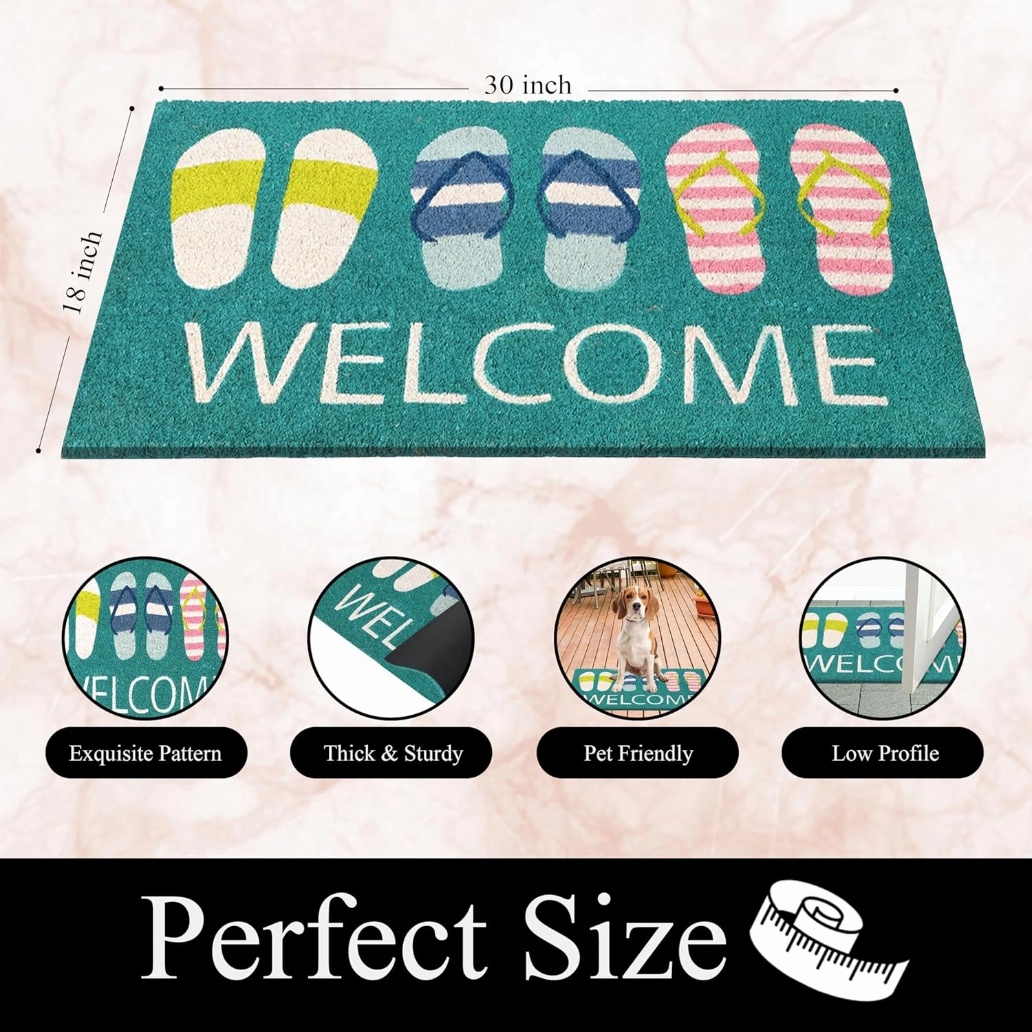A1HC Natural Coco Coir Door Mat Welcome Slippers Coastal Doormat with Heavy Duty Non-Slip PVC Backing - 18" x 30" - Easy to Clean, Welcome Mat for Home, Low-Profile Durable Doormat