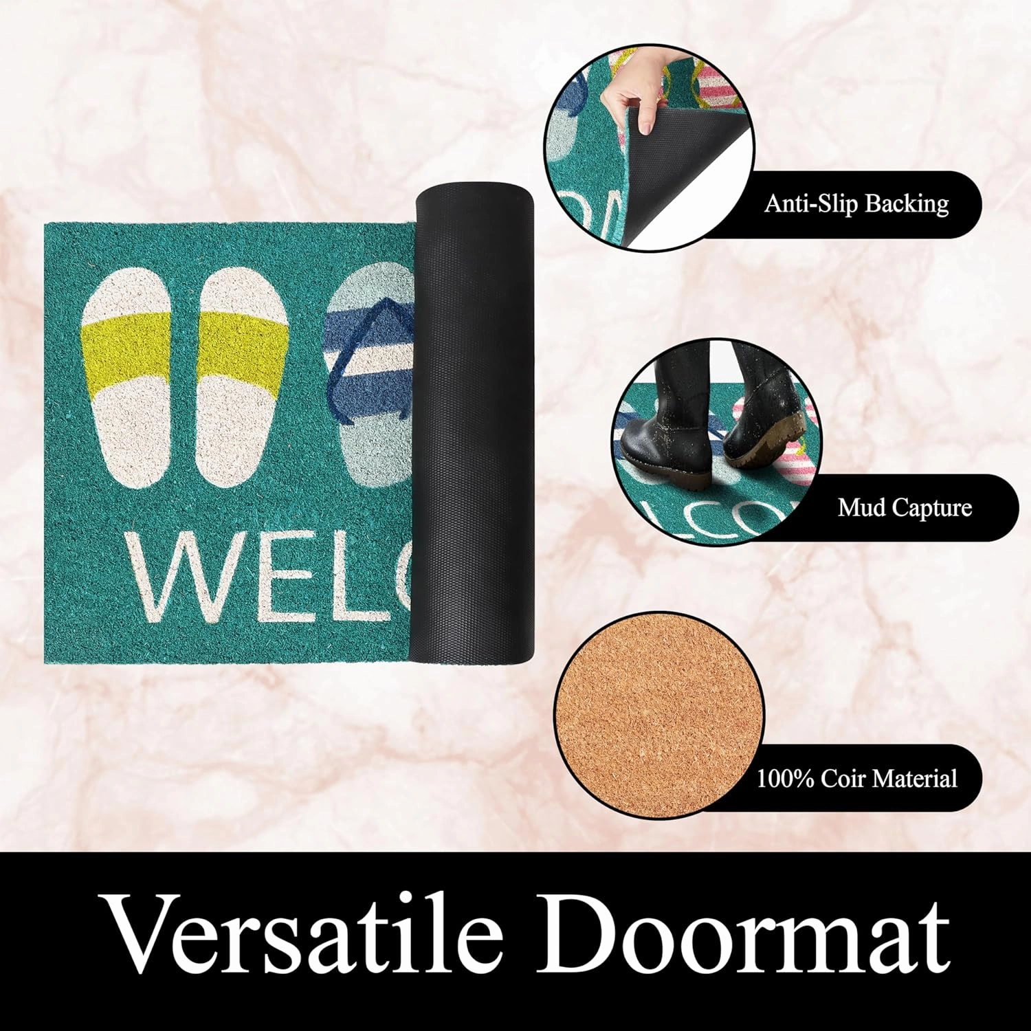 A1HC Natural Coco Coir Door Mat Welcome Slippers Coastal Doormat with Heavy Duty Non-Slip PVC Backing - 18" x 30" - Easy to Clean, Welcome Mat for Home, Low-Profile Durable Doormat