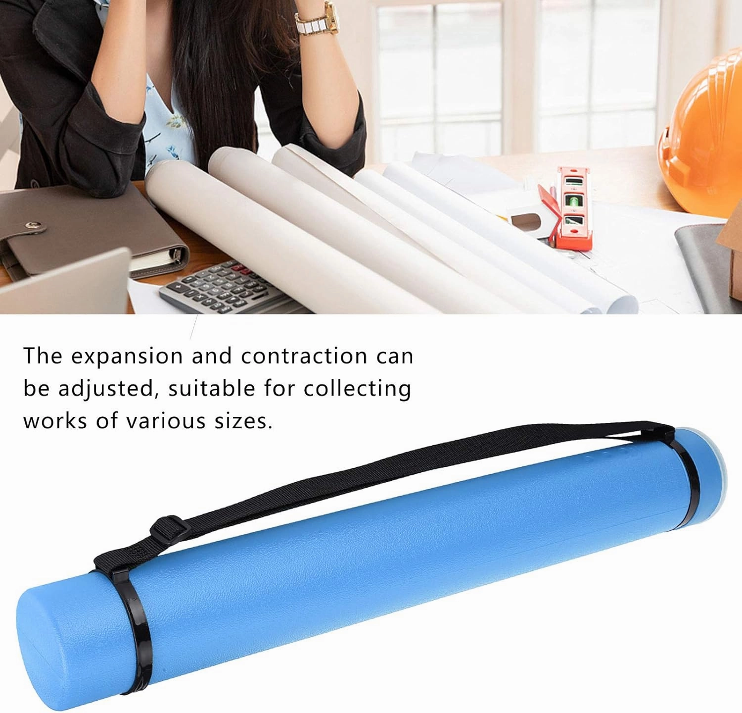 Adjustable Drafting Tube, Extendable Thickened Telescopic Collection Poster Storage Case with Upper Opening Design Drawing Tube for Artworks, Maps, Documents (Blue)