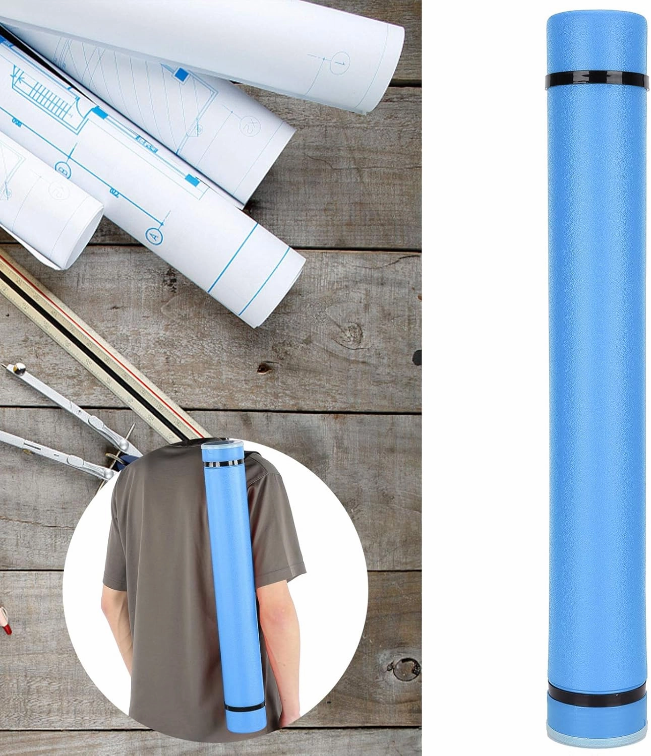 Adjustable Drafting Tube, Extendable Thickened Telescopic Collection Poster Storage Case with Upper Opening Design Drawing Tube for Artworks, Maps, Documents (Blue)