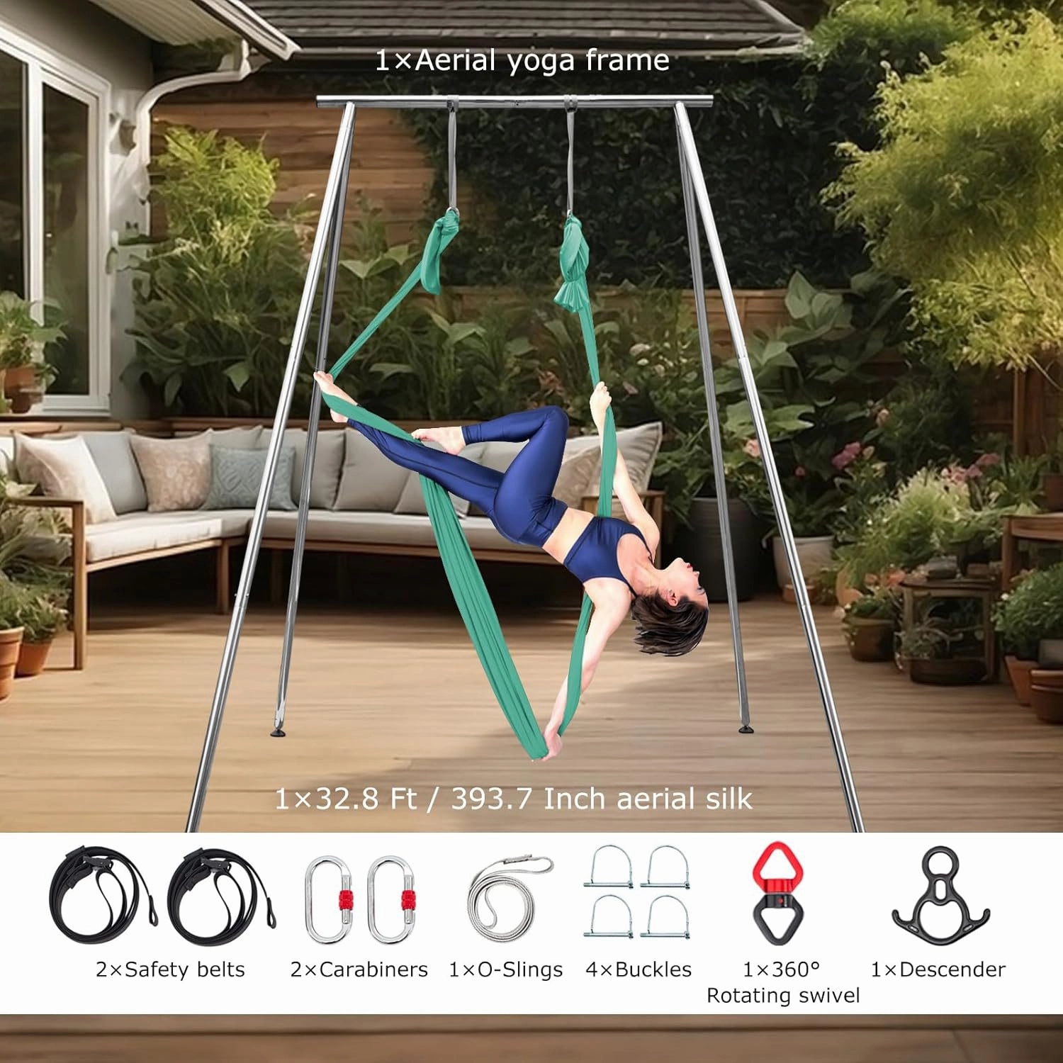 Adjustable Height Aerial Yoga Frame with Yoga Hammock, 18 FT/33 FT Aerial Silk, 550 lbs Max Capacity