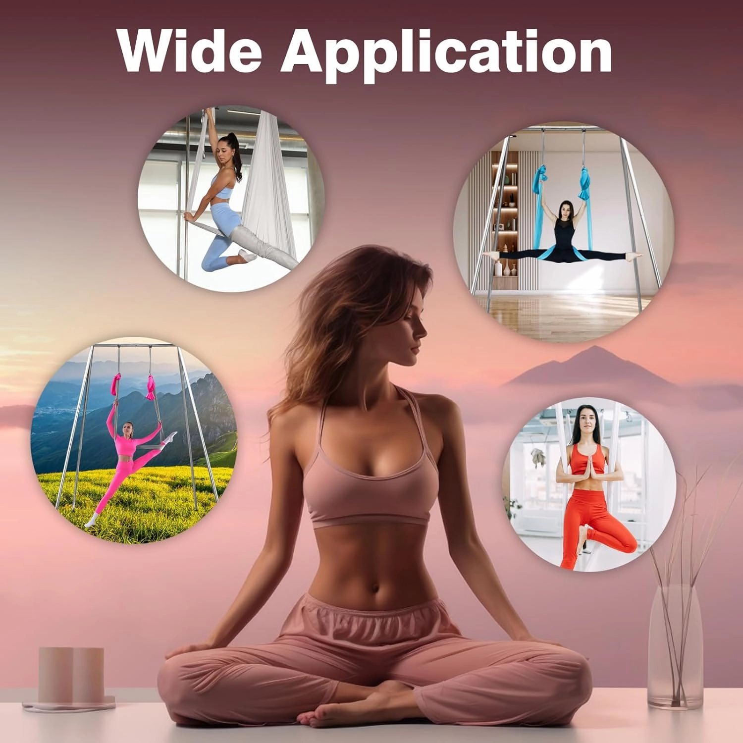 Adjustable Height Aerial Yoga Frame with Yoga Hammock, 18 FT/33 FT Aerial Silk, 550 lbs Max Capacity