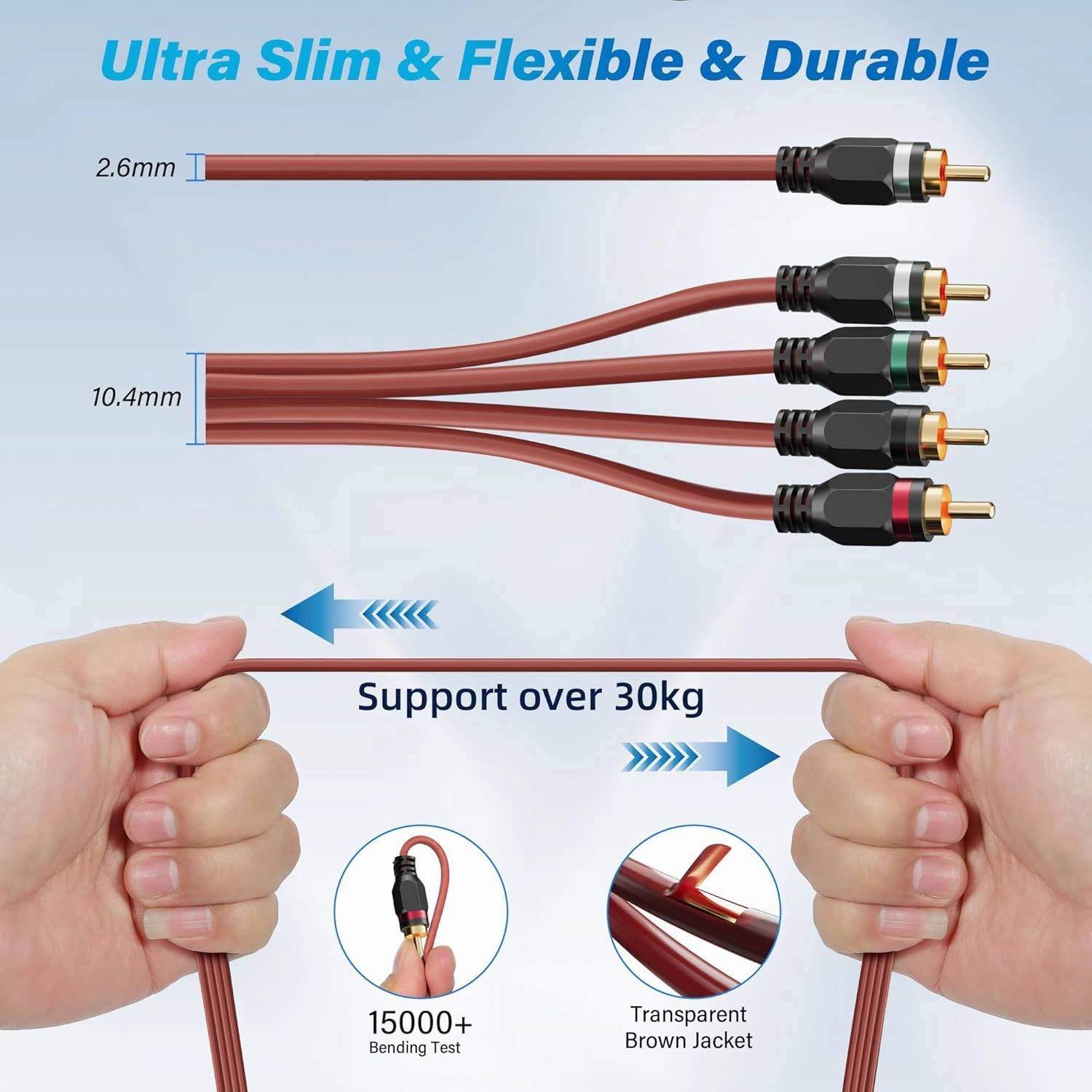 Adoreen 4-Chanel RCA Audio Cable 15 Ft, Oxygen Free Copper Male to Male Twisted Pair RCA Interconnect Cable with Noise Reduction, Gold-Plated Series Car Stereo Power Sports & Marine Connector Cable