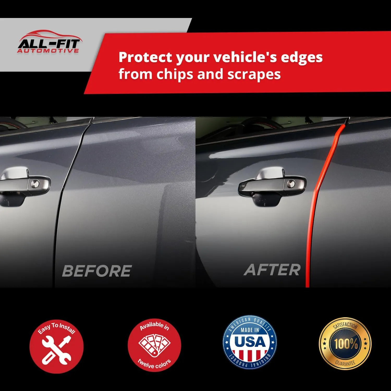 All-Fit Automotive Car Door Edge Protector – Universal DIY Edge Trim to Prevent Scratches & Dings – Flexible Adhesive Molding Trim for Cars, Trucks & SUVs (10 Ft - Chrome)