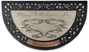 Ambesonne Taupe Doormat, Happy Valentine's Day Hand Writing Laurel Leaves Forming a Heart Victorian, Semi Circle Entryway Welcome Mat for Front & Backard 2 Pieces, 19.6" x 31.4", Taupe Tan