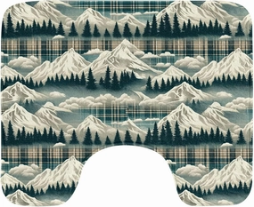 Ambesonne Christmas Toilet Mat, Snowy Mountain Range Art with Foggy Pine Trees on Greenish Plaid Back, Water-Resistant Quick Drying U-Shaped Contour Bathroom Rug, 20" x 16", Off White Teal Sepia