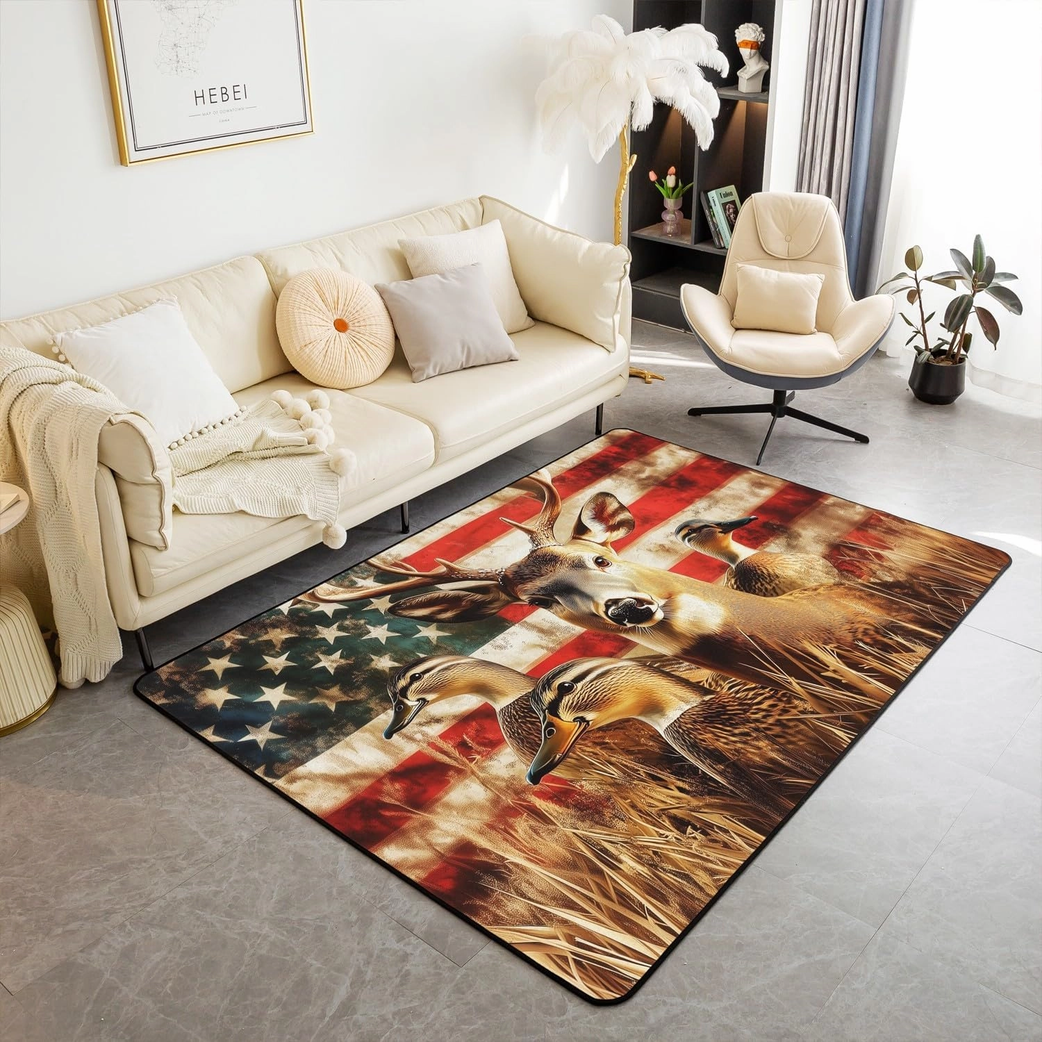 American Flag Carpet 4'11" x 3'3",Deer Hunting Area Rug for Boys Teens Kids Rustic Duck Country Cabin Jungle Indoor Floor Mat,Farmhouse Woodland Camouflage Animal Room Decor