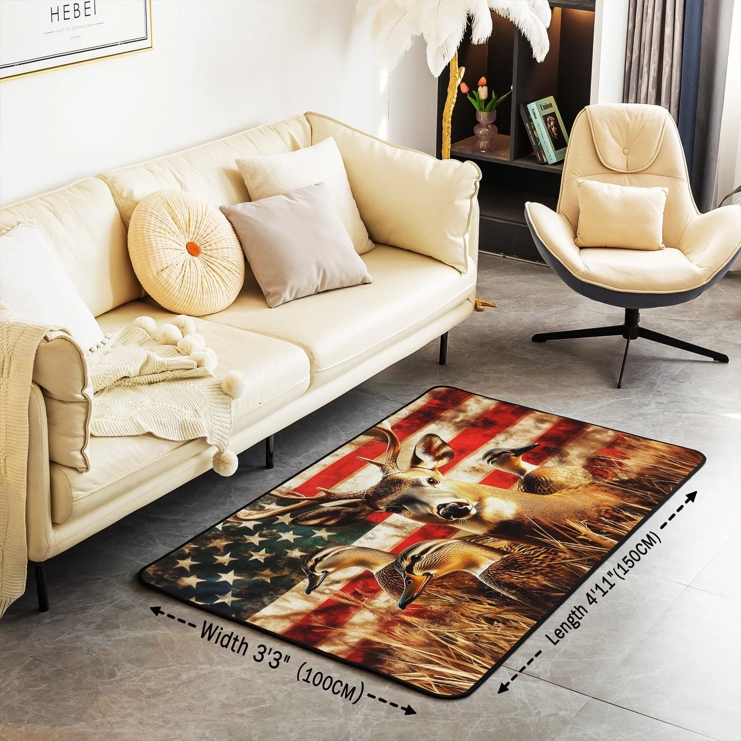 American Flag Carpet 4'11" x 3'3",Deer Hunting Area Rug for Boys Teens Kids Rustic Duck Country Cabin Jungle Indoor Floor Mat,Farmhouse Woodland Camouflage Animal Room Decor