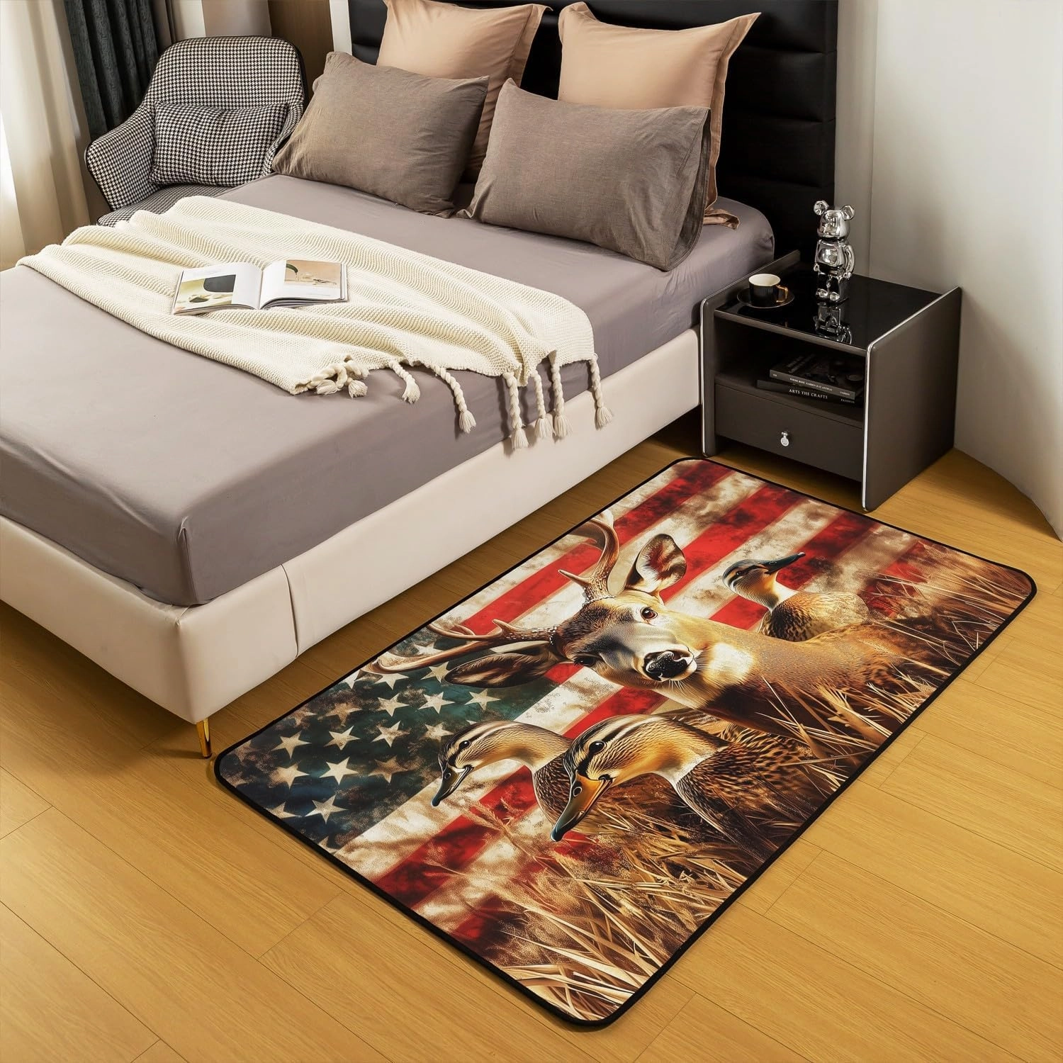 American Flag Carpet 4'11" x 3'3",Deer Hunting Area Rug for Boys Teens Kids Rustic Duck Country Cabin Jungle Indoor Floor Mat,Farmhouse Woodland Camouflage Animal Room Decor