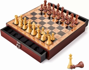 AMEROUS 17 inches Wooden Chess Set with High Polymer Weighted Chess Pieces / 2 Built-in Storage Drawers / 2 Extra Queens / 3.75'' King, Classic Board Game