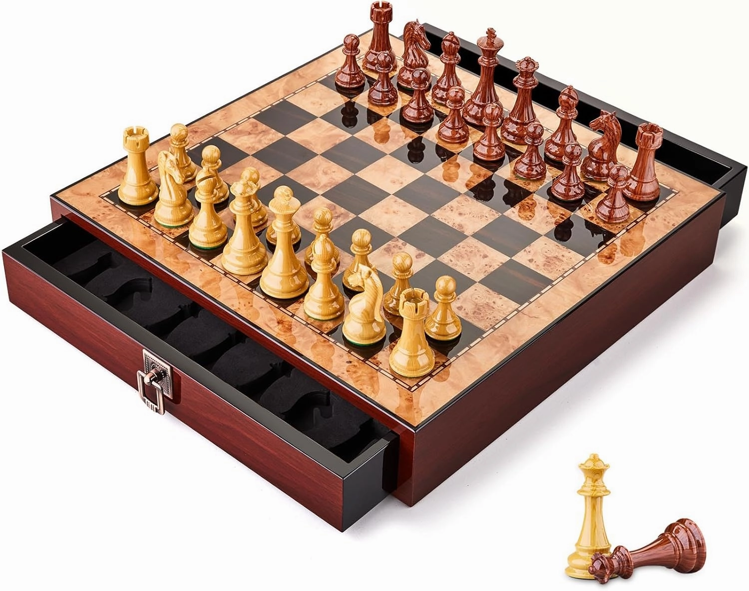 AMEROUS 17 inches Wooden Chess Set with High Polymer Weighted Chess Pieces / 2 Built-in Storage Drawers / 2 Extra Queens / 3.75'' King, Classic Board Game