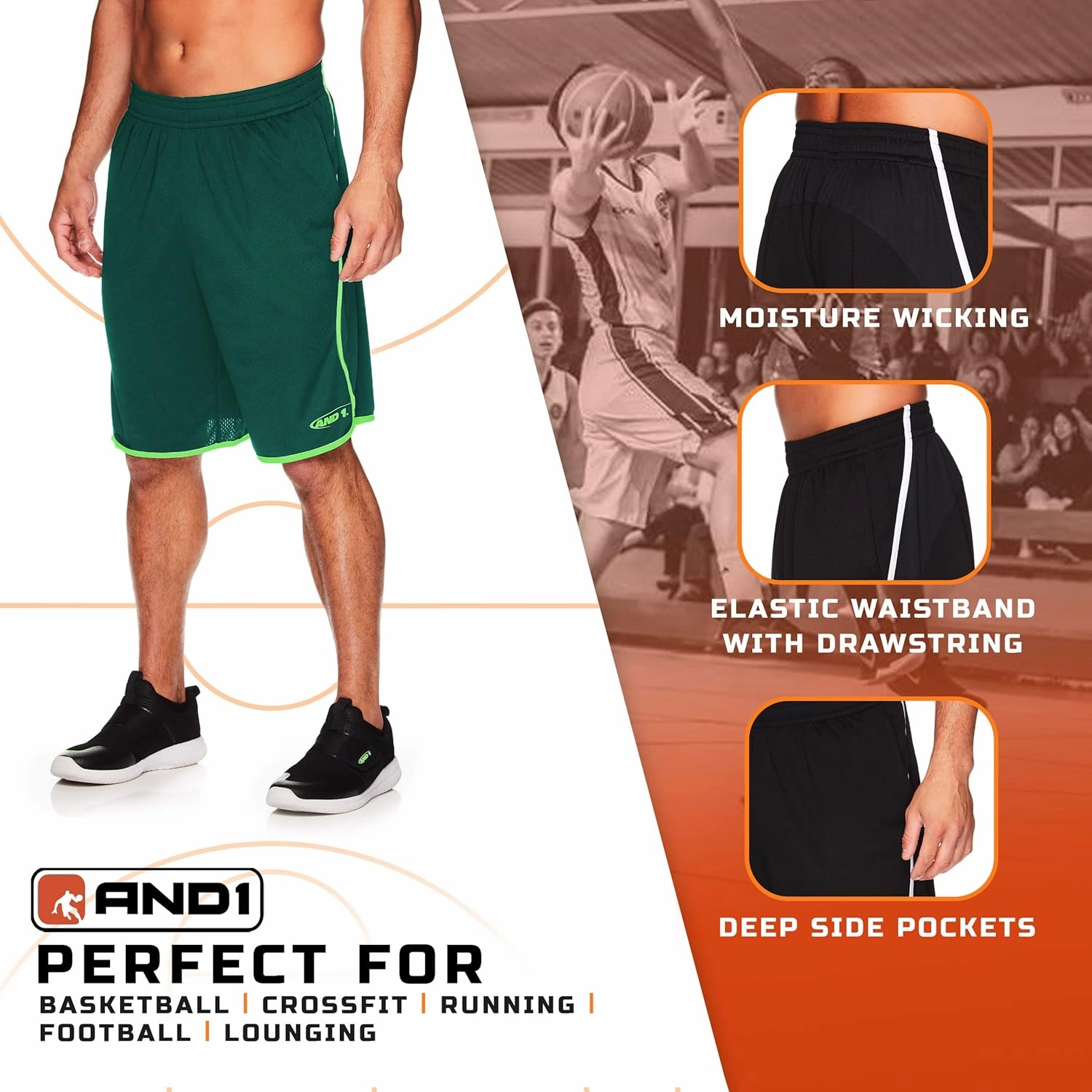 AND1 Men's Drop Needle Shorts, 2-Pack - Comfortable Athletic Performance Basketball Shorts